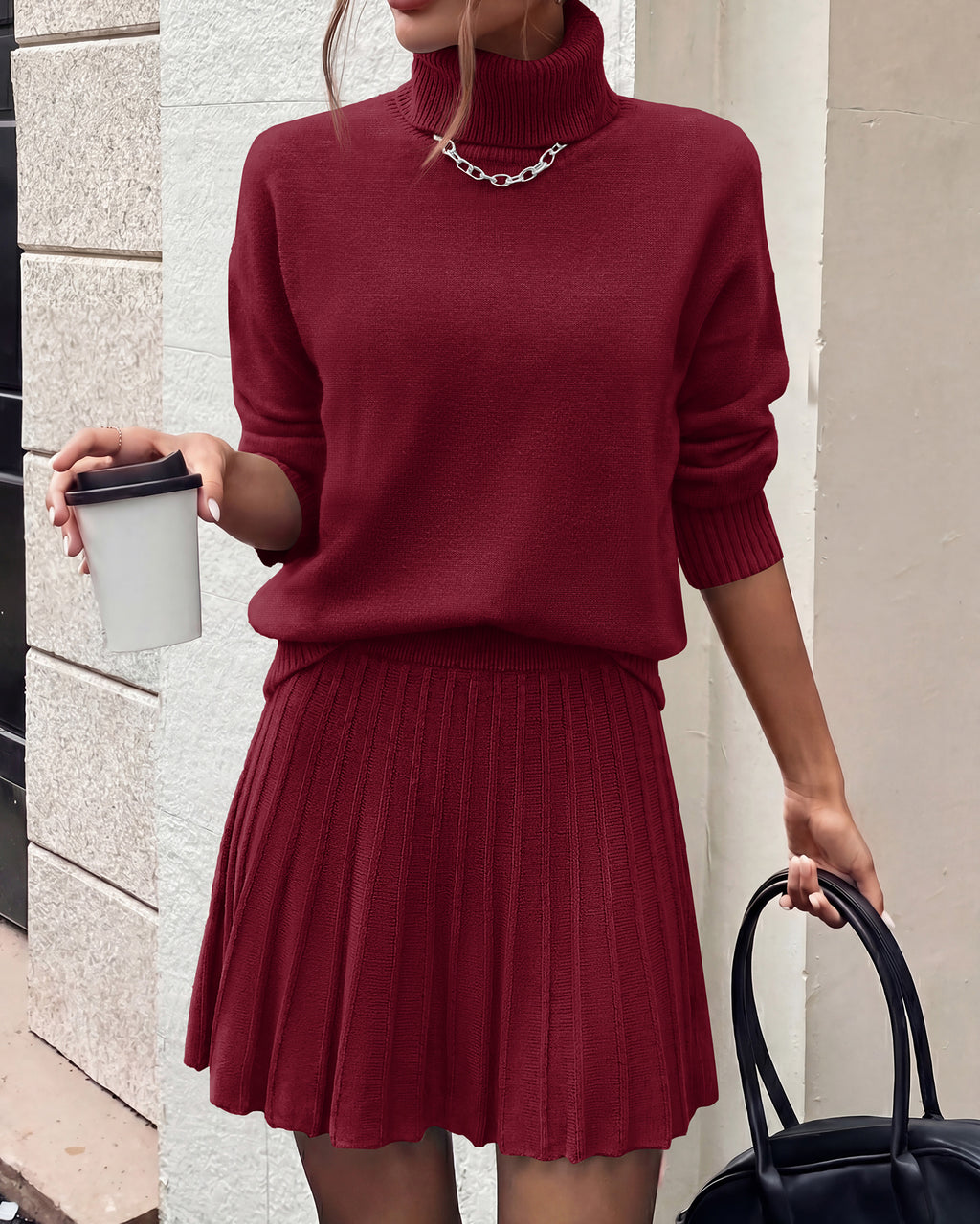 dowerme 2 Piece Sets For Women 2026 Fall Turtleneck Sweater Pleated Mini Skirt Set Cute Winter Clothing Vacation Outfits