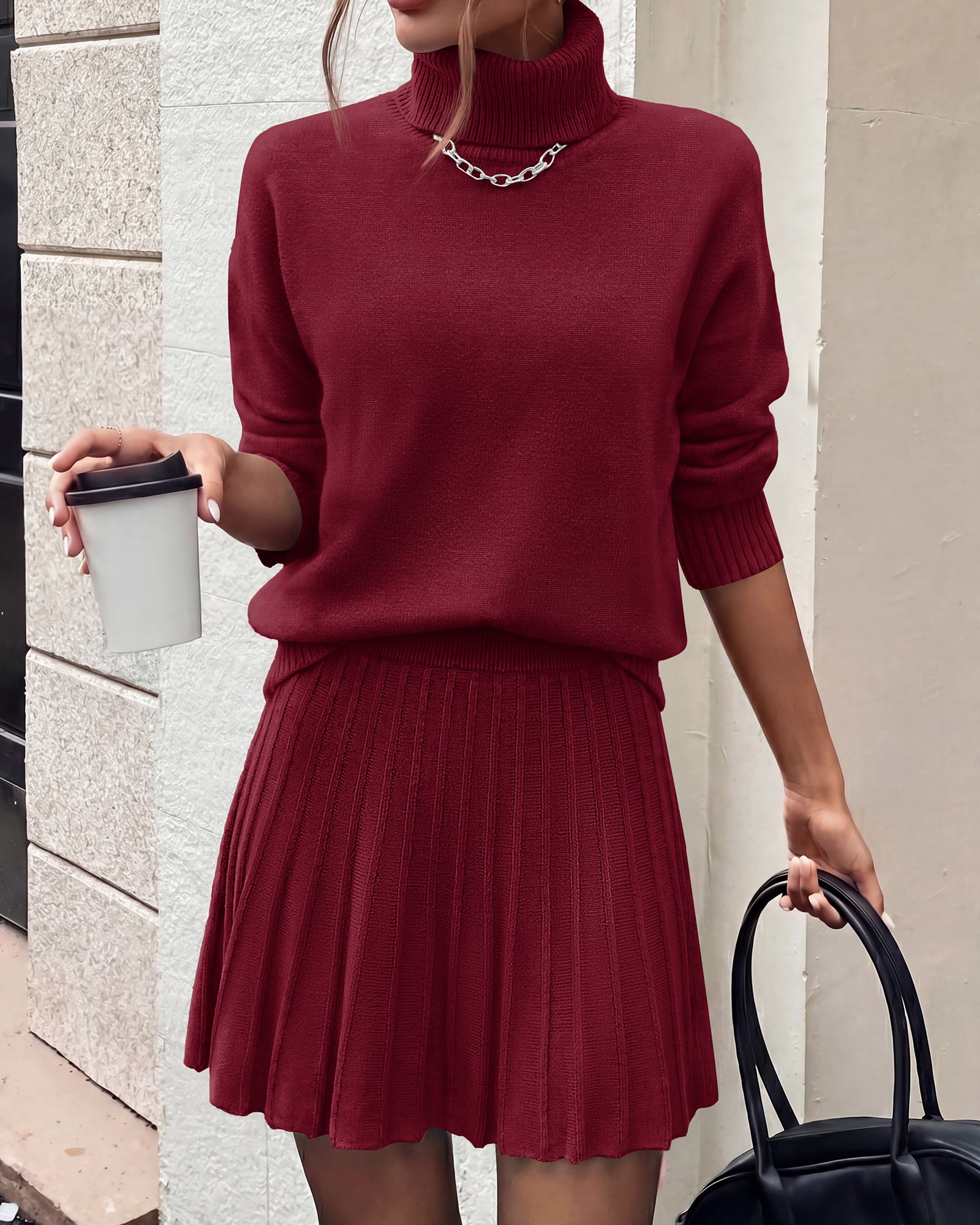 dowerme 2 Piece Sets For Women 2026 Fall Turtleneck Sweater Pleated Mini Skirt Set Cute Winter Clothing Vacation Outfits