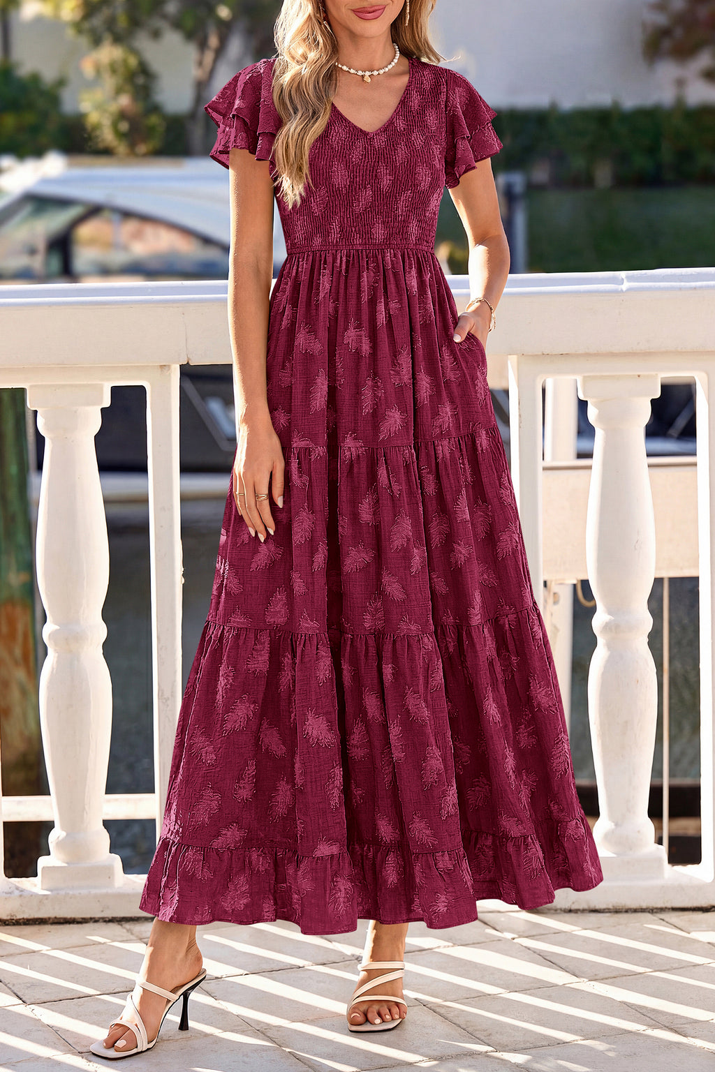 dowerme Maxi Dresses For Women 2026 Summer Ruffle Sleeve V Neck Smocked A Line Floral Boho Tiered Sundress Spring Outfit