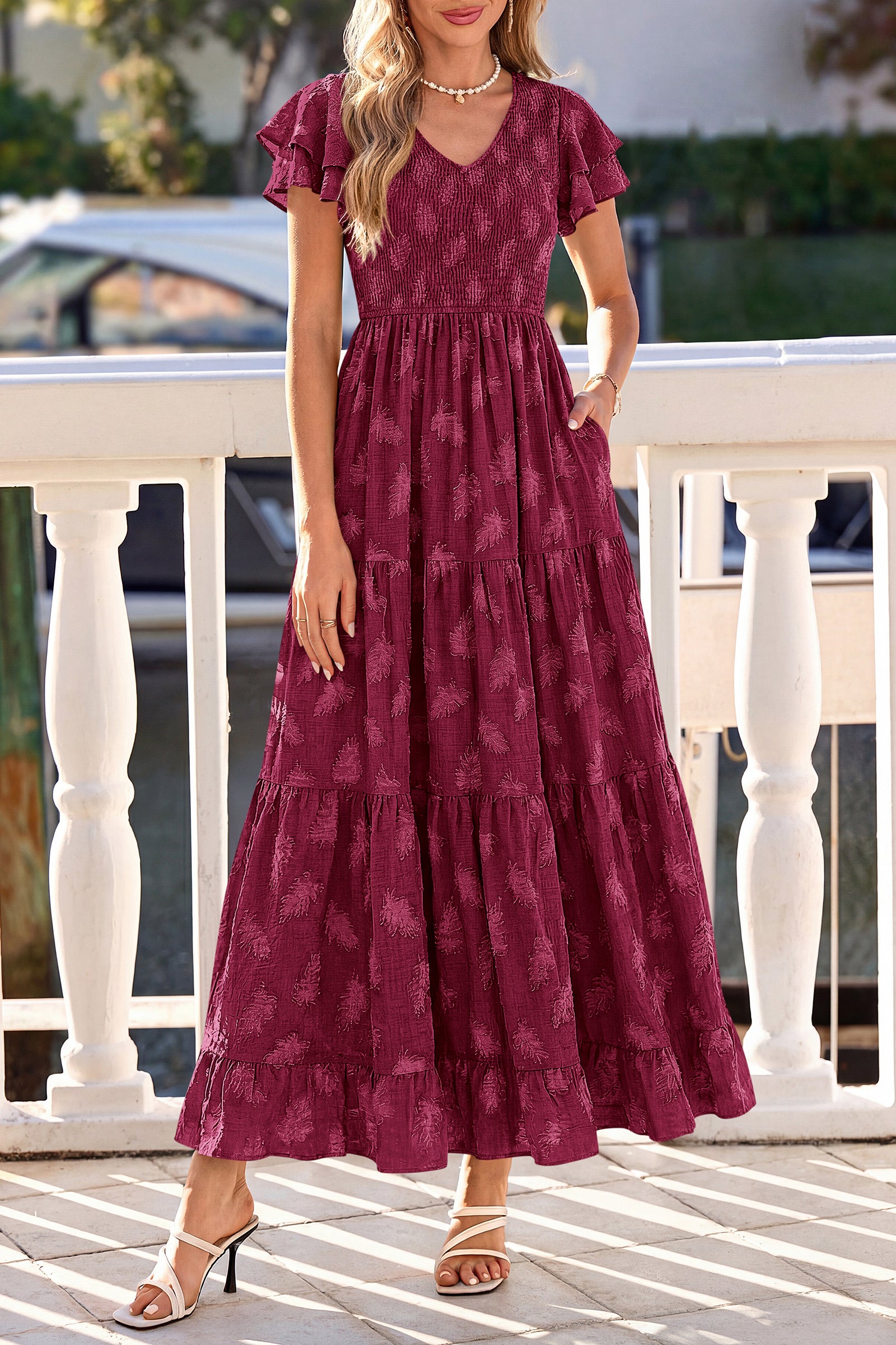 dowerme Maxi Dresses For Women 2026 Summer Ruffle Sleeve V Neck Smocked A Line Floral Boho Tiered Sundress Spring Outfit