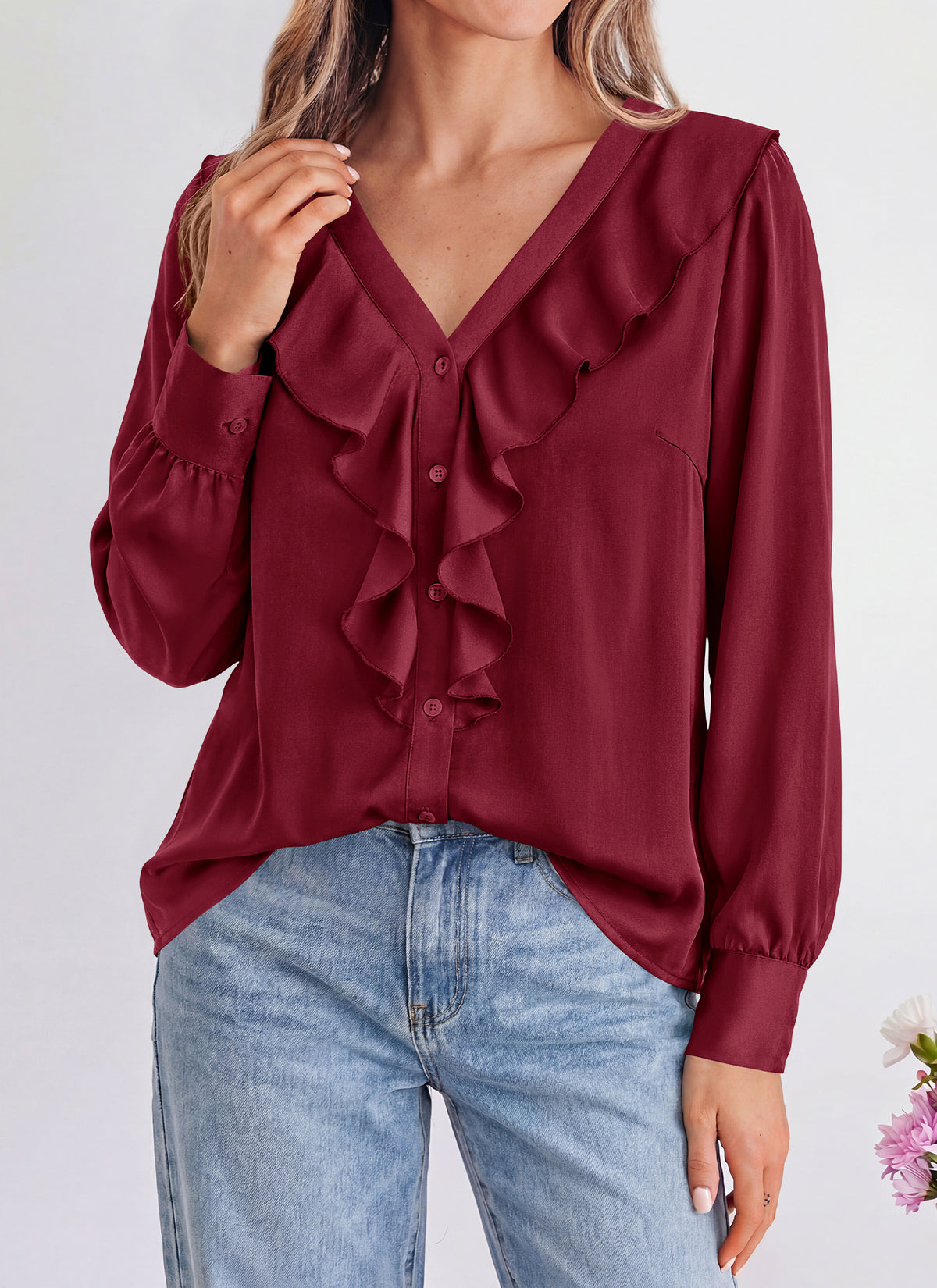 dowerme Womens Long Sleeve Tops Satin Ruffle Button Shirts