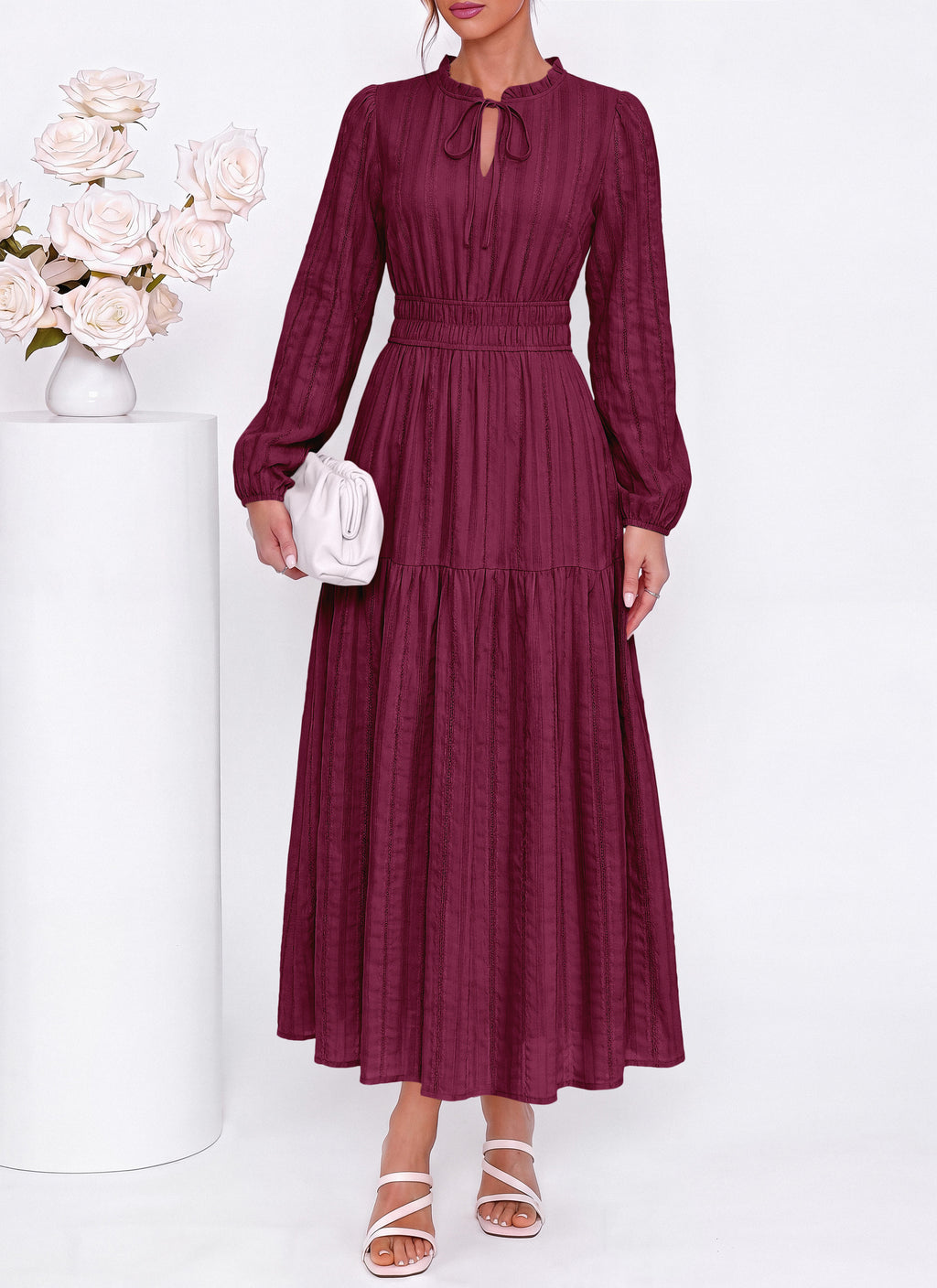dowerme Women Fall Long Sleeve Dress 2026 Casual Ruffle V Neck Tie Front Elastic Waist Maxi Cotton Wedding Guest Dresses