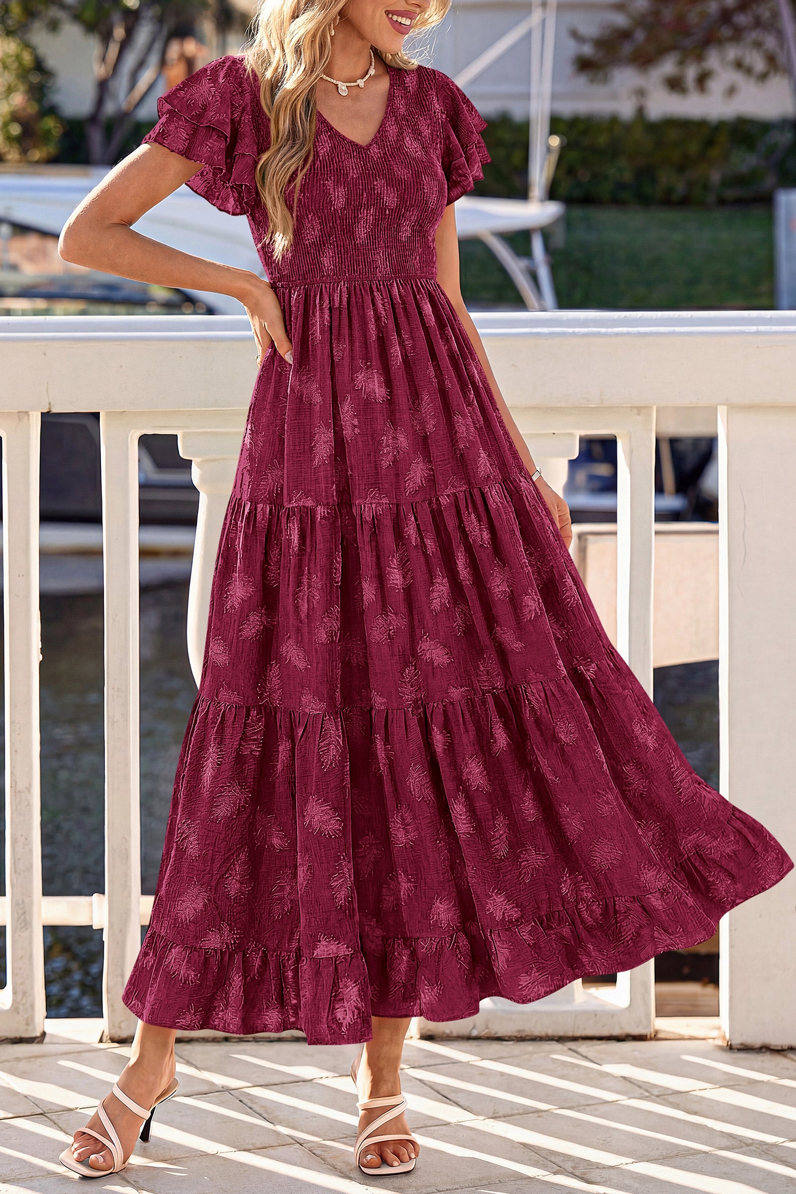 dowerme Maxi Dresses For Women 2026 Summer Ruffle Sleeve V Neck Smocked A Line Floral Boho Tiered Sundress Spring Outfit