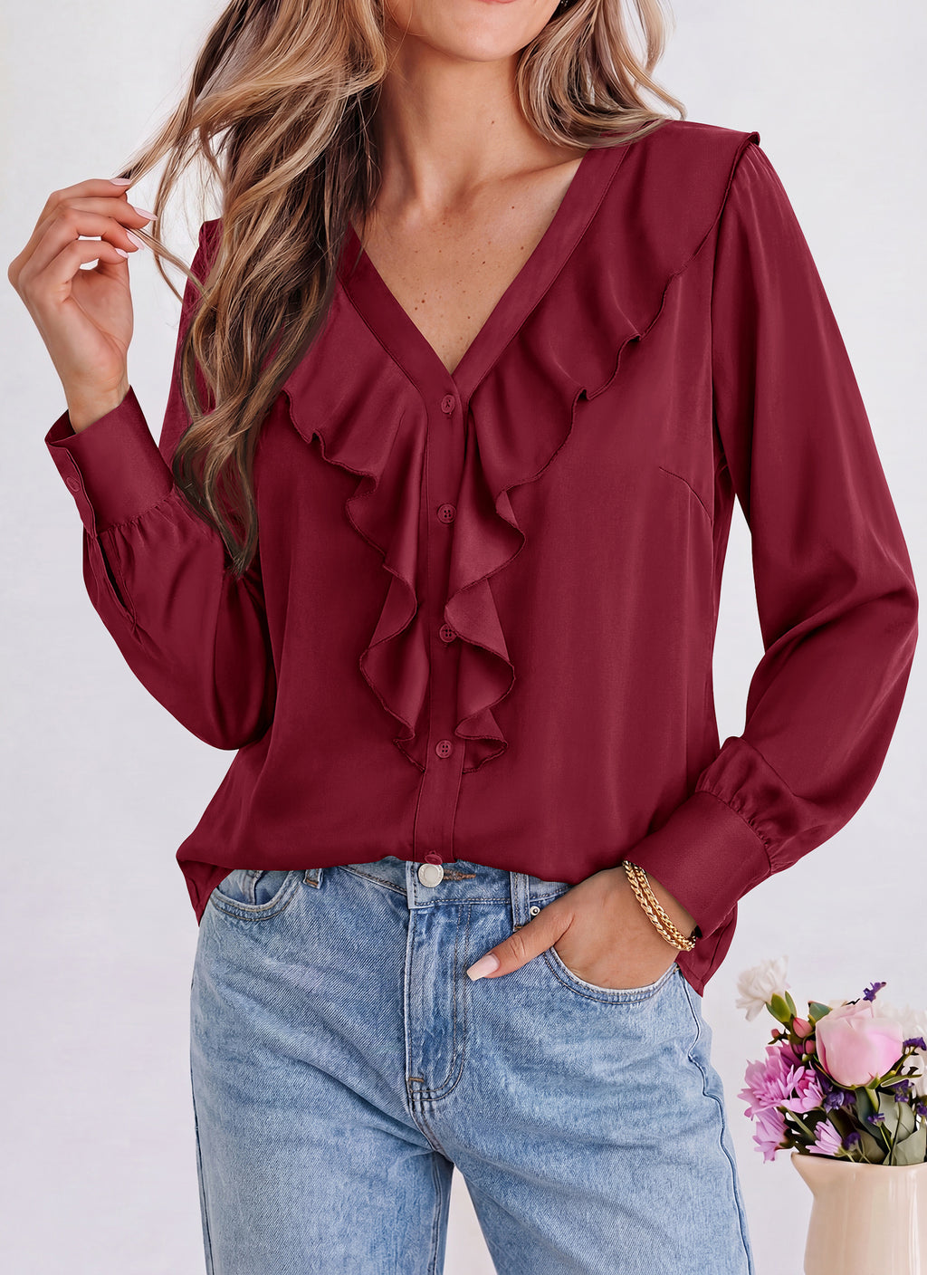 dowerme Womens Long Sleeve Tops Satin Ruffle Button Shirts