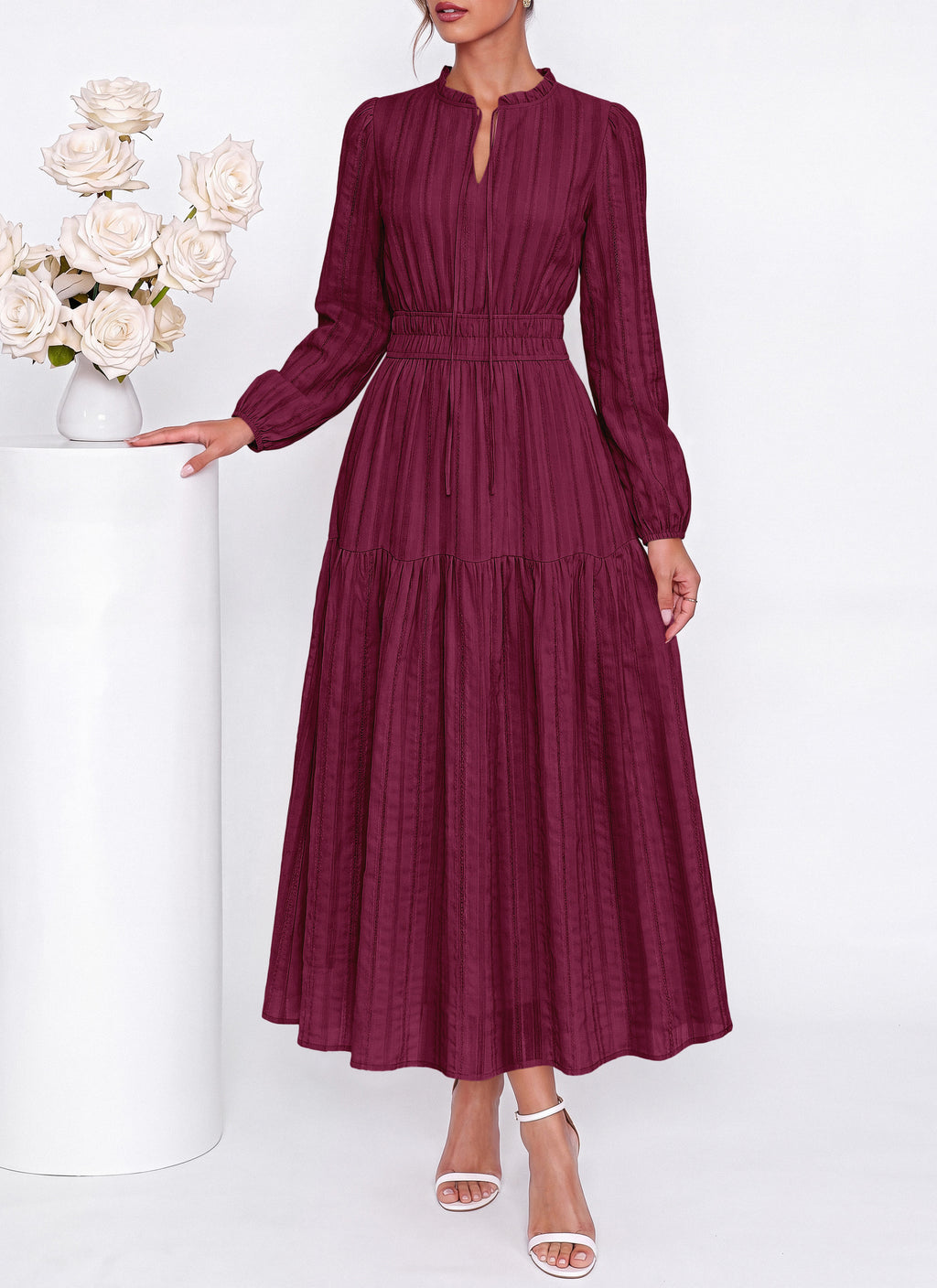 dowerme Women Fall Long Sleeve Dress 2026 Casual Ruffle V Neck Tie Front Elastic Waist Maxi Cotton Wedding Guest Dresses