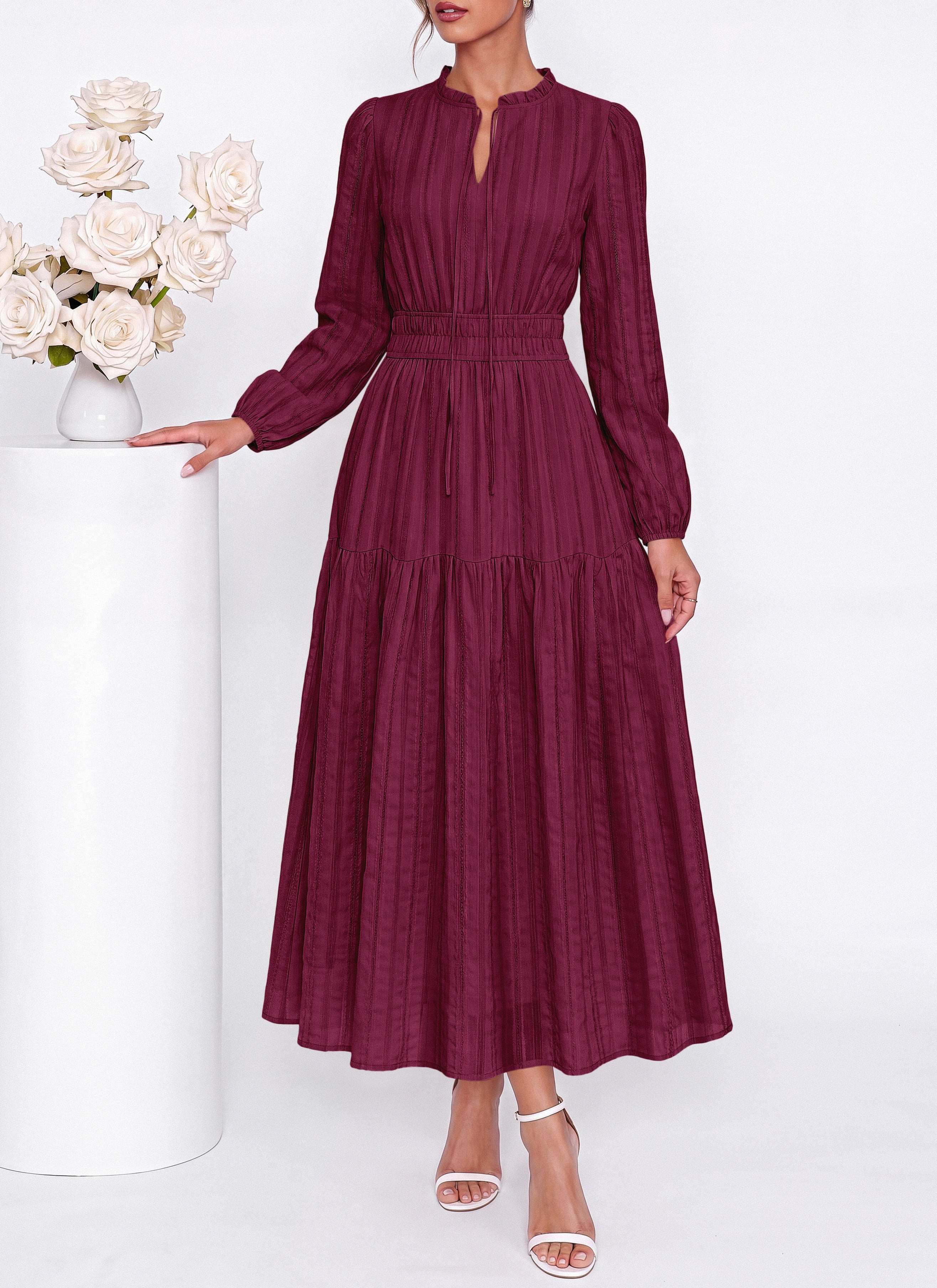 dowerme Women Fall Long Sleeve Dress 2026 Casual Ruffle V Neck Tie Front Elastic Waist Maxi Cotton Wedding Guest Dresses