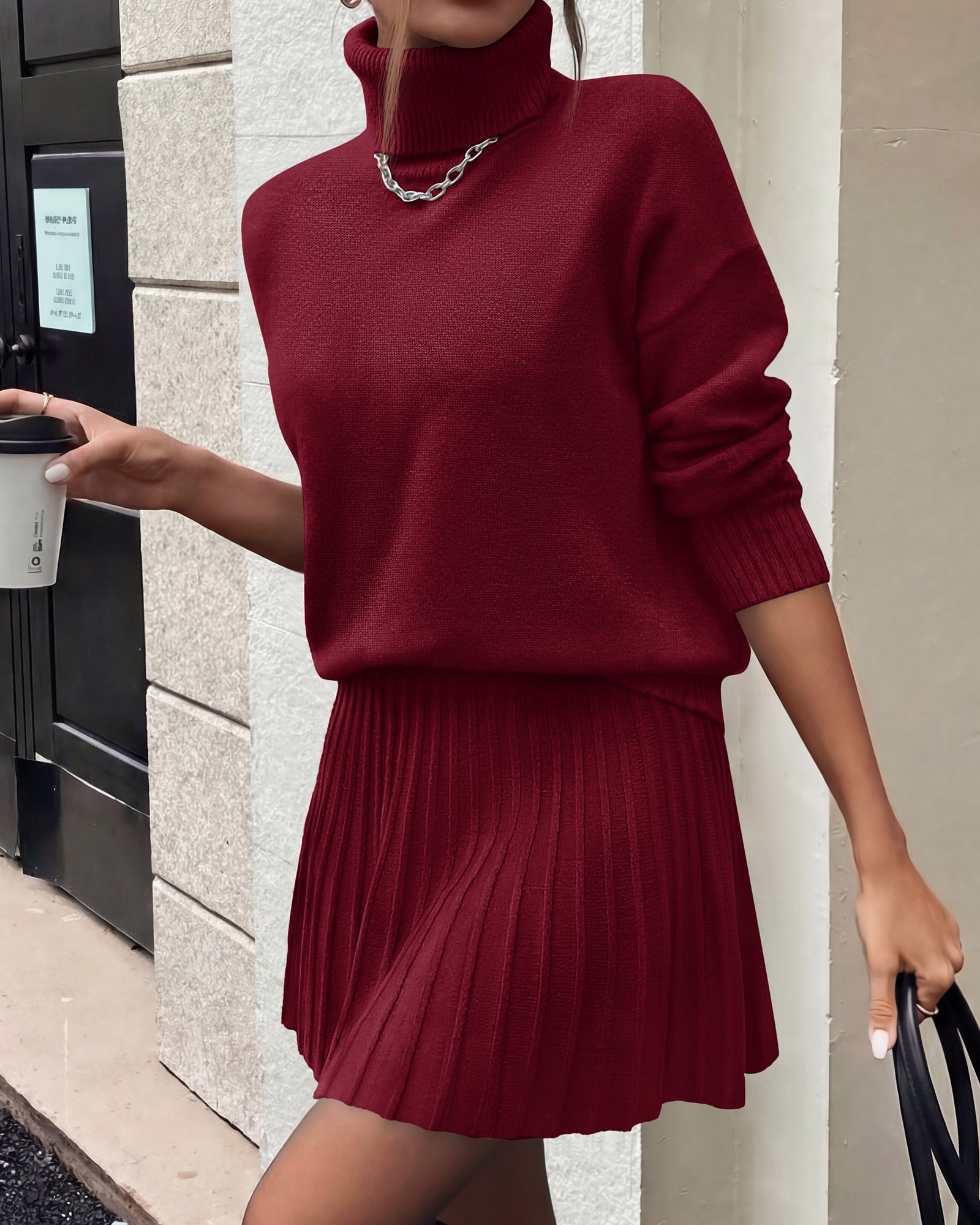 dowerme 2 Piece Sets For Women 2026 Fall Turtleneck Sweater Pleated Mini Skirt Set Cute Winter Clothing Vacation Outfits