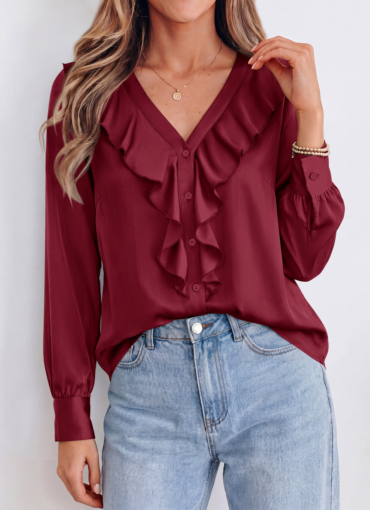 dowerme Womens Long Sleeve Tops Satin Ruffle Button Shirts