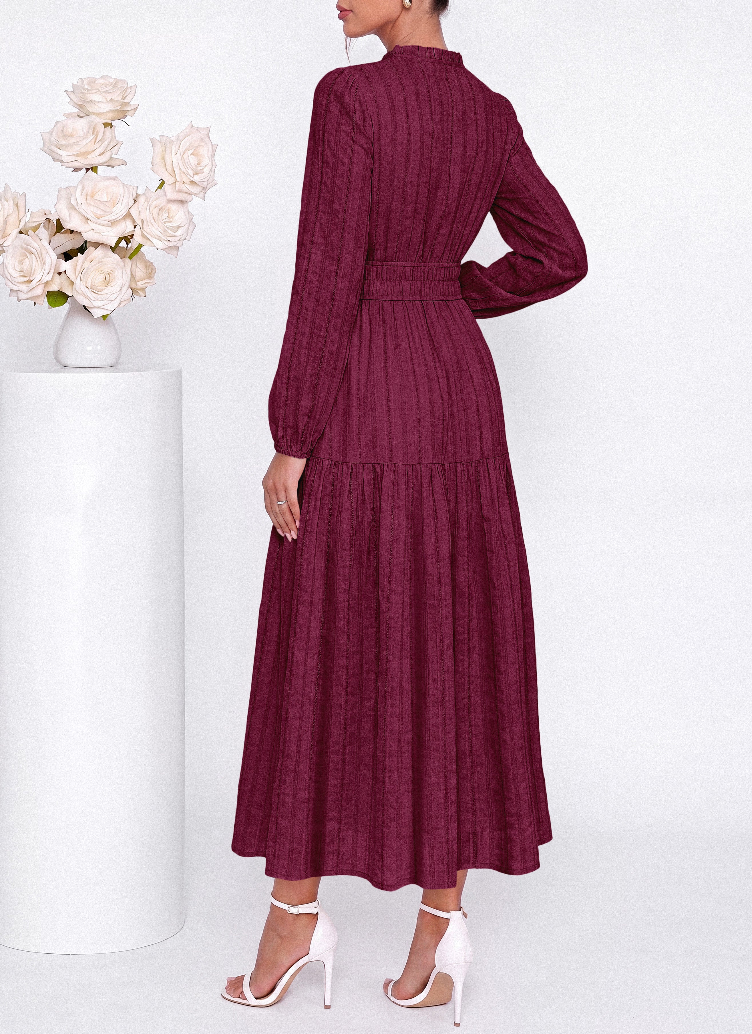dowerme Women Fall Long Sleeve Dress 2026 Casual Ruffle V Neck Tie Front Elastic Waist Maxi Cotton Wedding Guest Dresses
