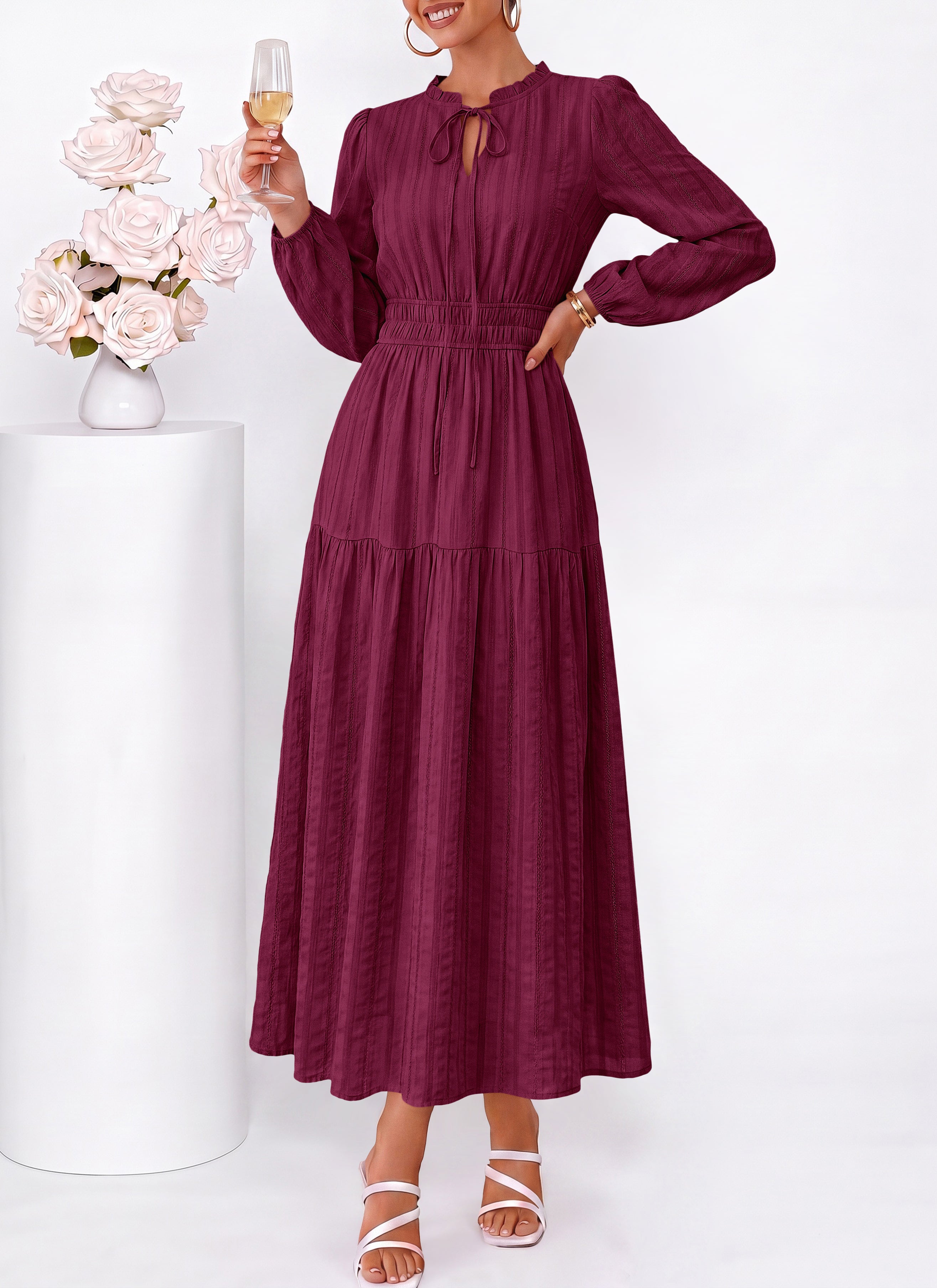dowerme Women Fall Long Sleeve Dress 2026 Casual Ruffle V Neck Tie Front Elastic Waist Maxi Cotton Wedding Guest Dresses