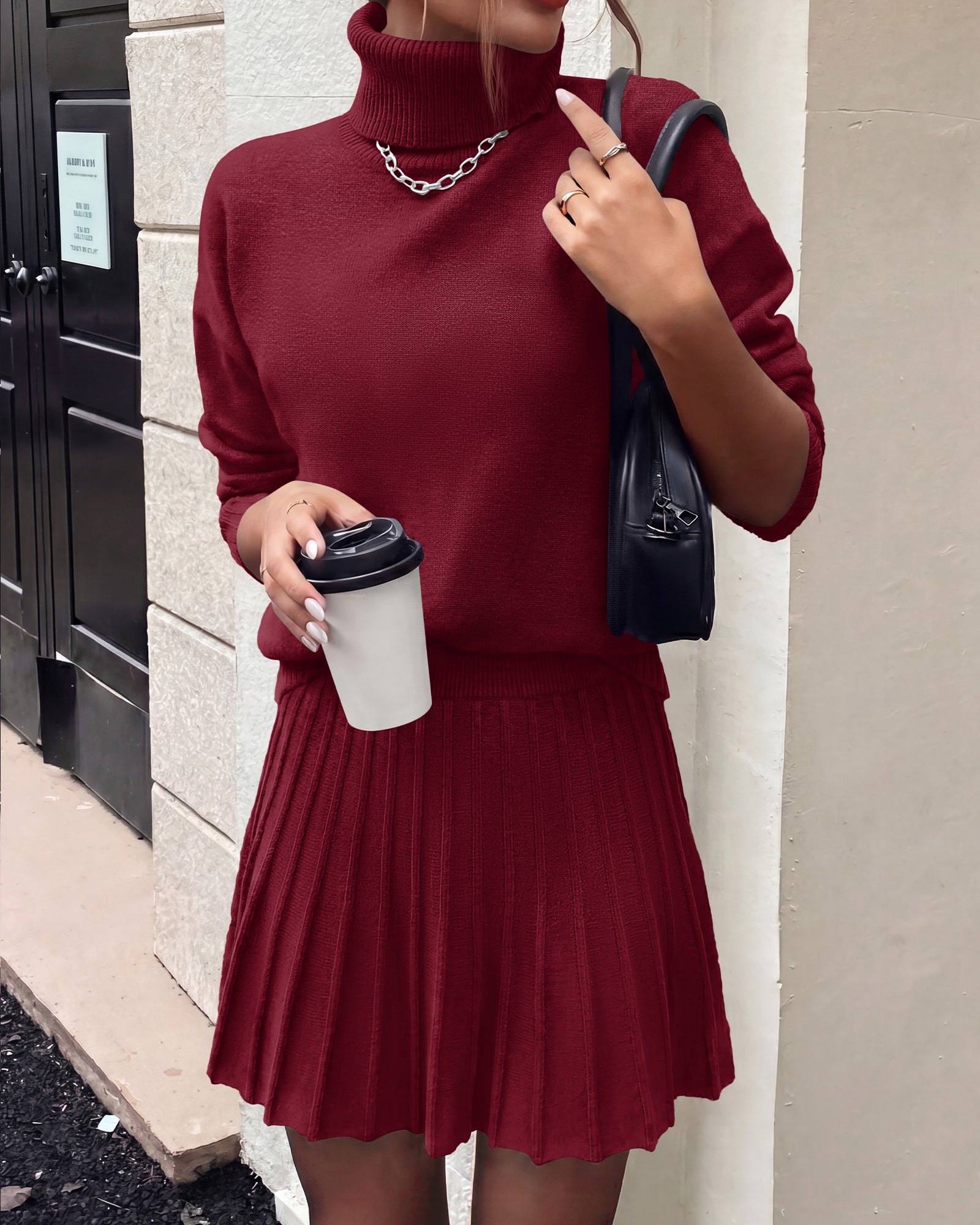 dowerme 2 Piece Sets For Women 2026 Fall Turtleneck Sweater Pleated Mini Skirt Set Cute Winter Clothing Vacation Outfits