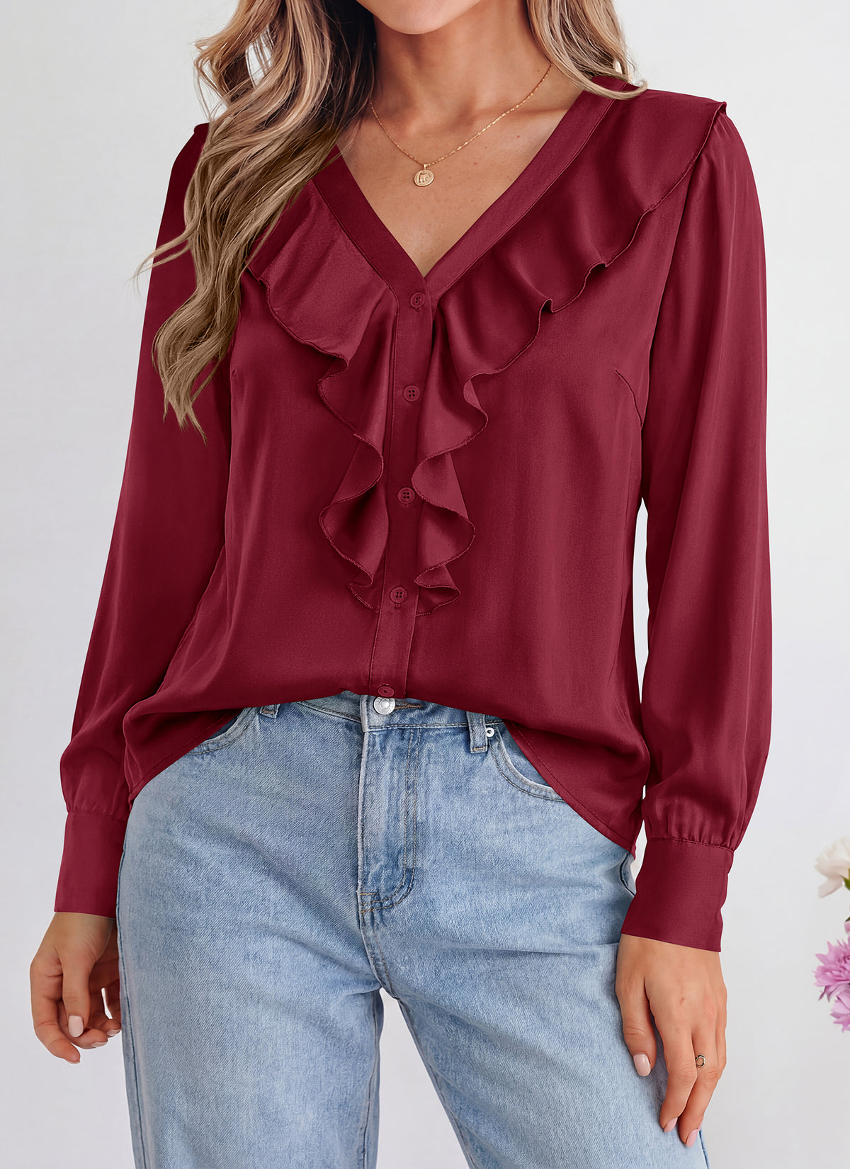 dowerme Womens Long Sleeve Tops Satin Ruffle Button Shirts