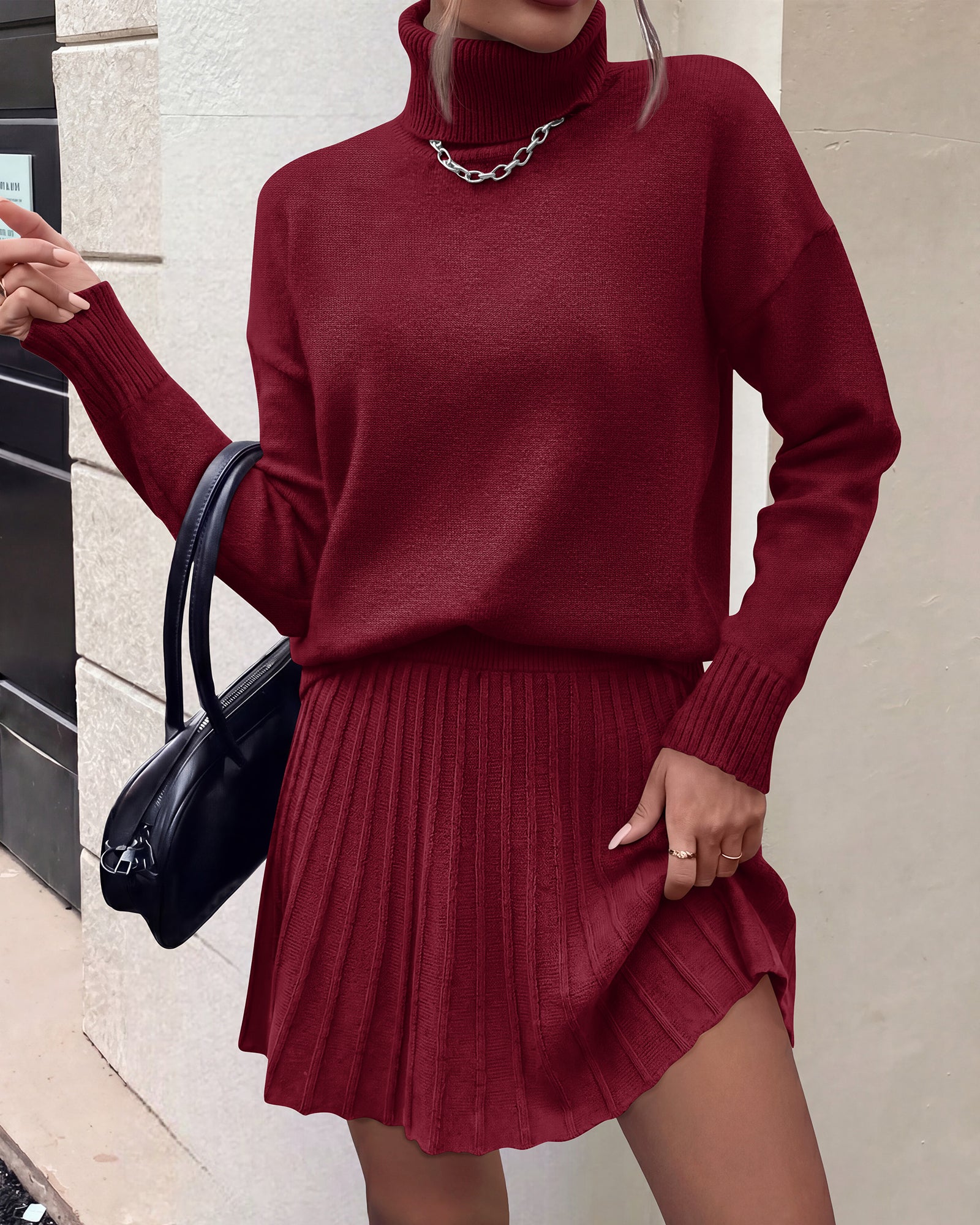 dowerme 2 Piece Sets For Women 2026 Fall Turtleneck Sweater Pleated Mini Skirt Set Cute Winter Clothing Vacation Outfits