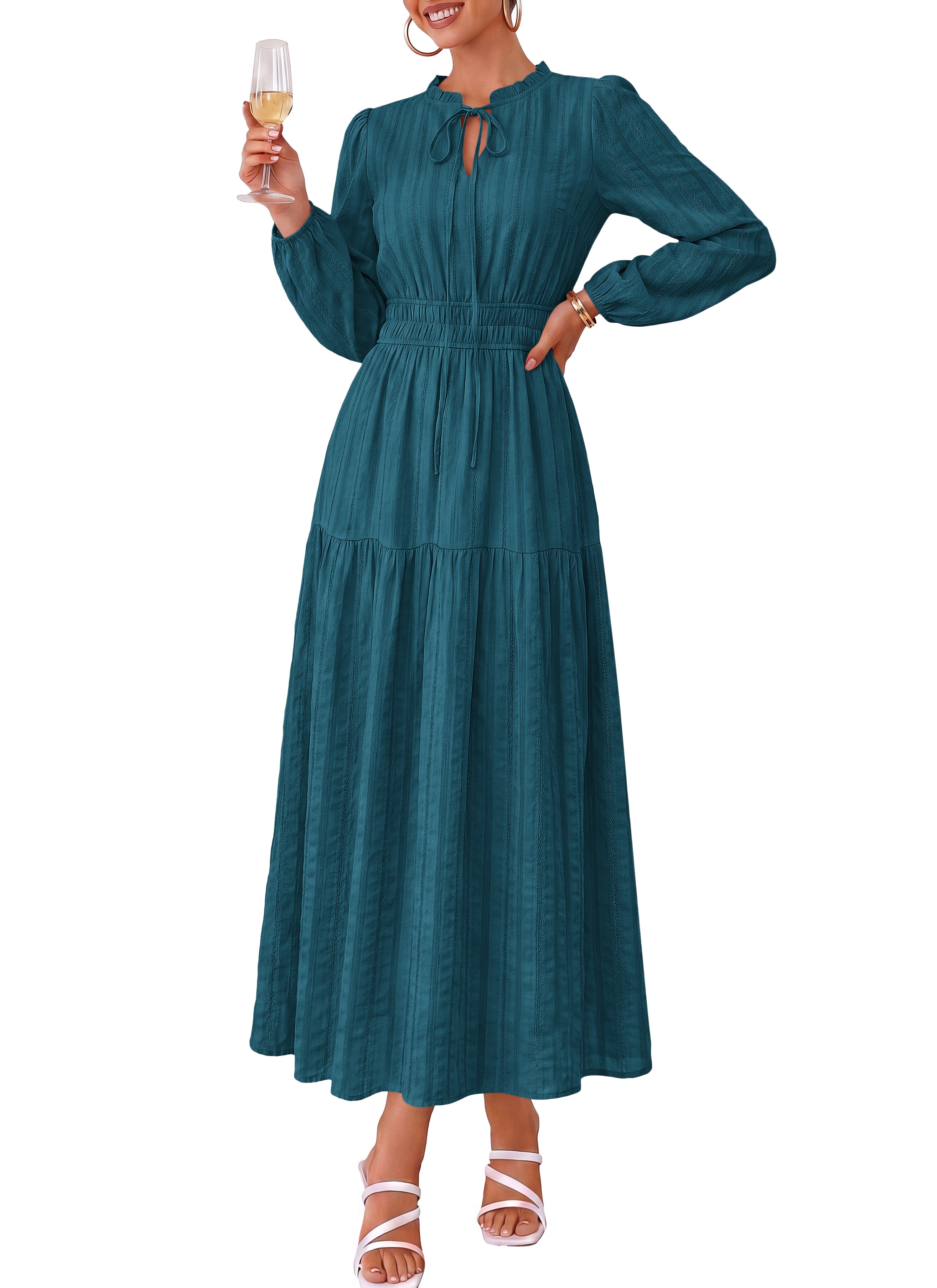 dowerme Women Fall Long Sleeve Dress 2026 Casual Ruffle V Neck Tie Front Elastic Waist Maxi Cotton Wedding Guest Dresses