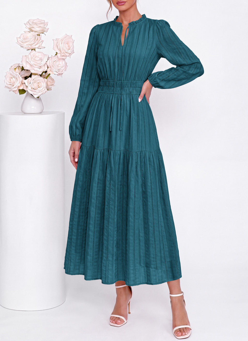 dowerme Women Fall Long Sleeve Dress 2026 Casual Ruffle V Neck Tie Front Elastic Waist Maxi Cotton Wedding Guest Dresses