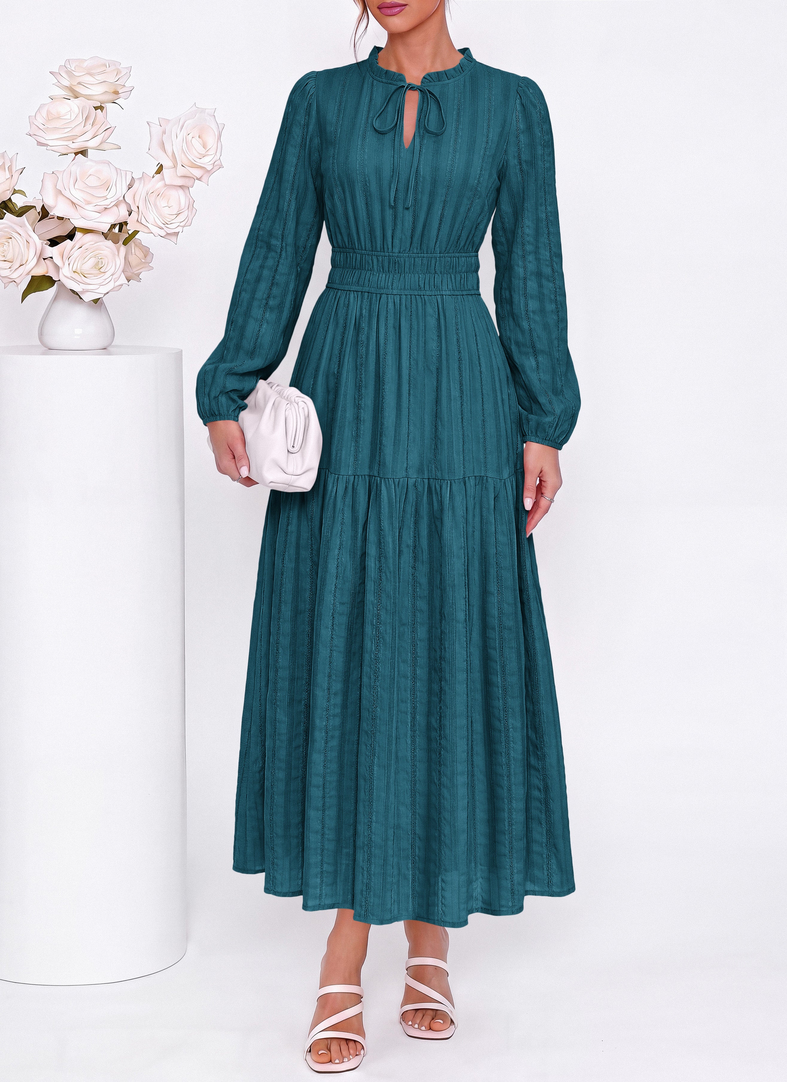 dowerme Women Fall Long Sleeve Dress 2026 Casual Ruffle V Neck Tie Front Elastic Waist Maxi Cotton Wedding Guest Dresses
