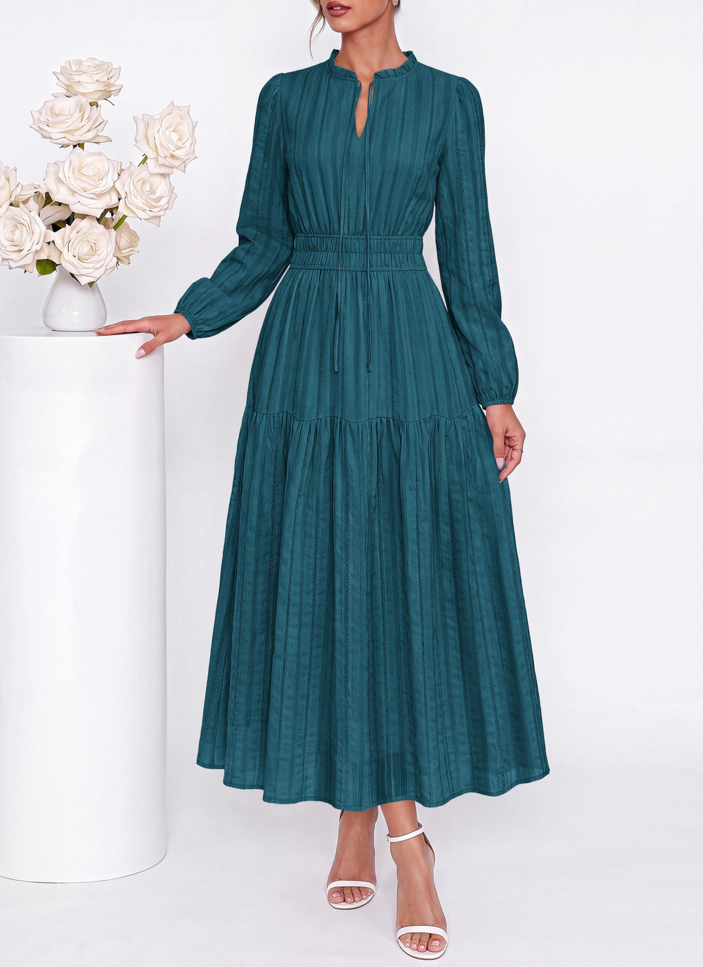 dowerme Women Fall Long Sleeve Dress 2026 Casual Ruffle V Neck Tie Front Elastic Waist Maxi Cotton Wedding Guest Dresses