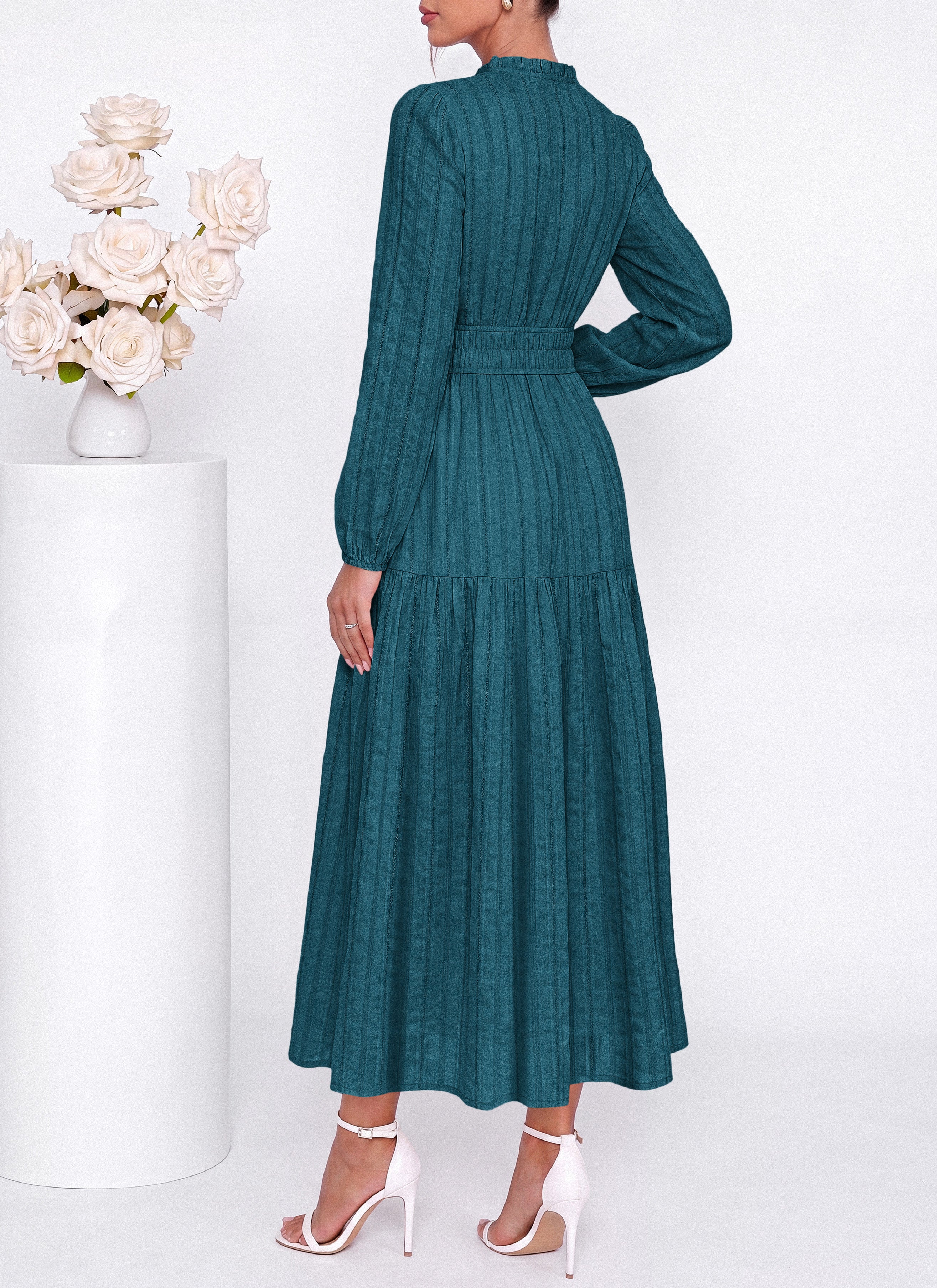 dowerme Women Fall Long Sleeve Dress 2026 Casual Ruffle V Neck Tie Front Elastic Waist Maxi Cotton Wedding Guest Dresses