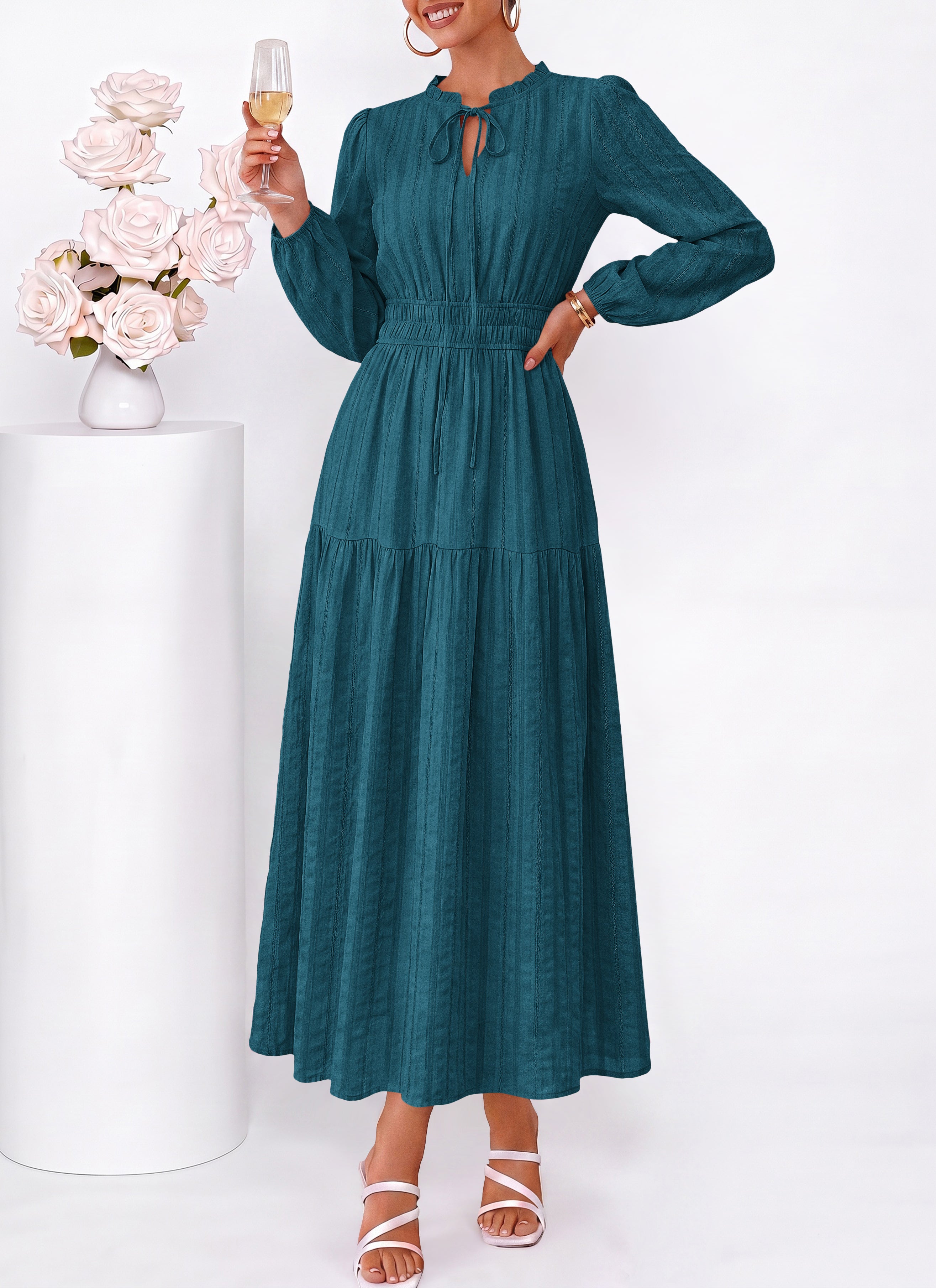 dowerme Women Fall Long Sleeve Dress 2026 Casual Ruffle V Neck Tie Front Elastic Waist Maxi Cotton Wedding Guest Dresses