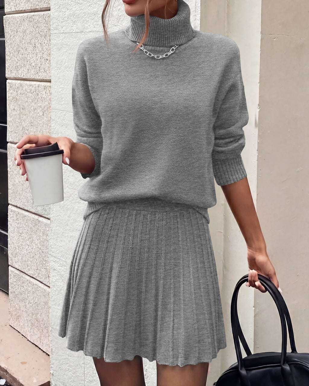 dowerme 2 Piece Sets For Women 2026 Fall Turtleneck Sweater Pleated Mini Skirt Set Cute Winter Clothing Vacation Outfits