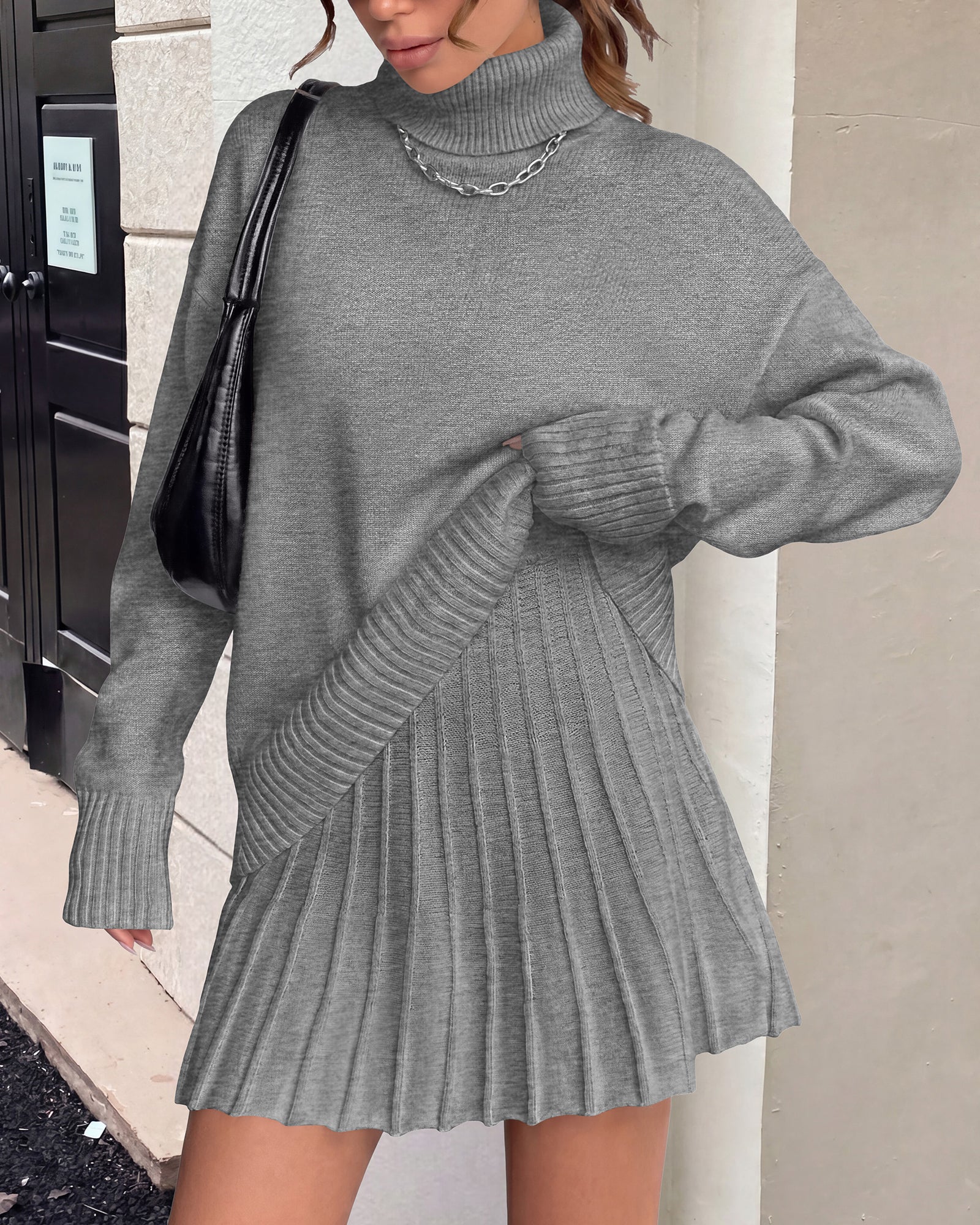 dowerme 2 Piece Sets For Women 2026 Fall Turtleneck Sweater Pleated Mini Skirt Set Cute Winter Clothing Vacation Outfits