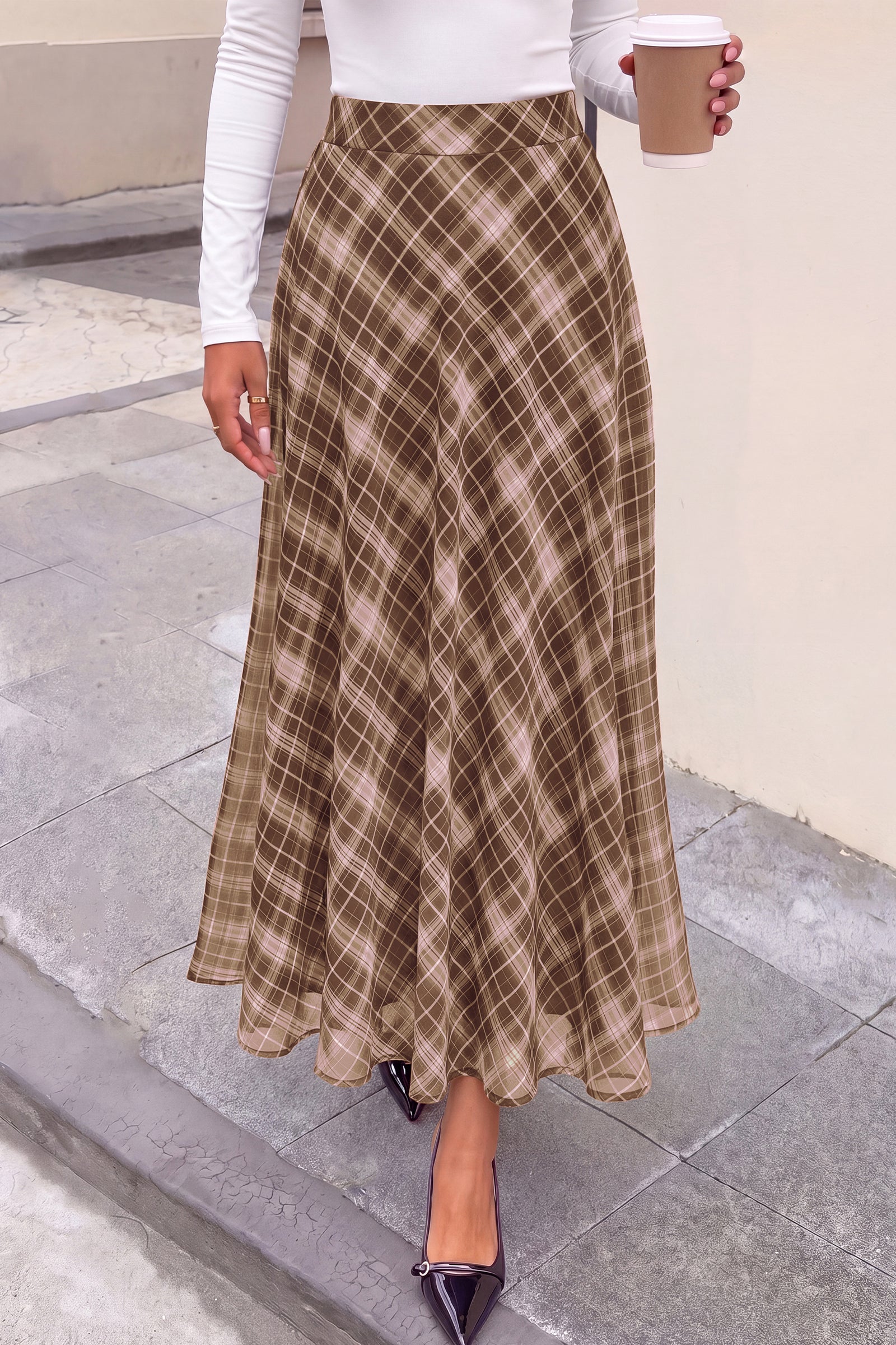 dowerme Casual A-Line Plaid Maxi Skirts for Women Trendy