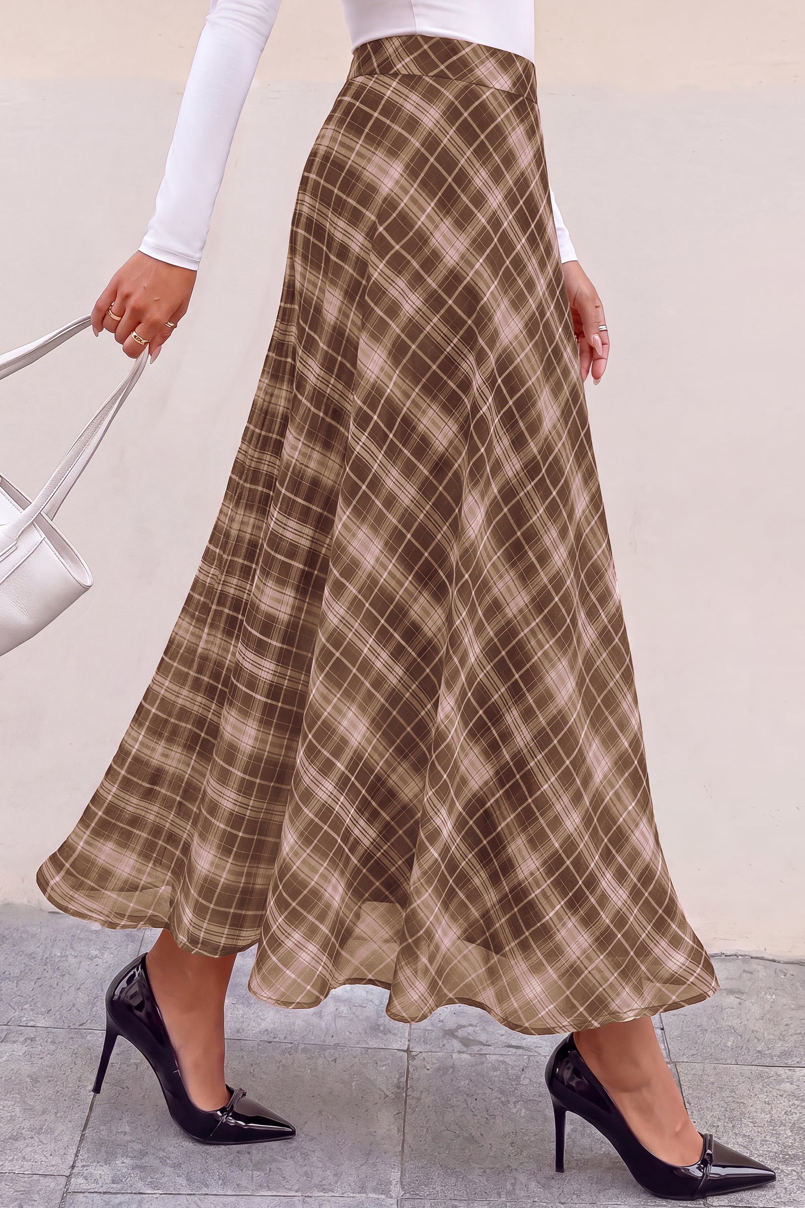 dowerme Casual A-Line Plaid Maxi Skirts for Women Trendy