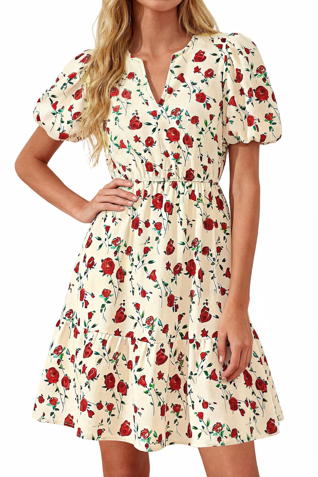 dowerme Women Summer Casual Dresses 2026 Puff Short Sleeve V Neck Floral Boho Midi Dress Flowy Ruffle Spring Sundress