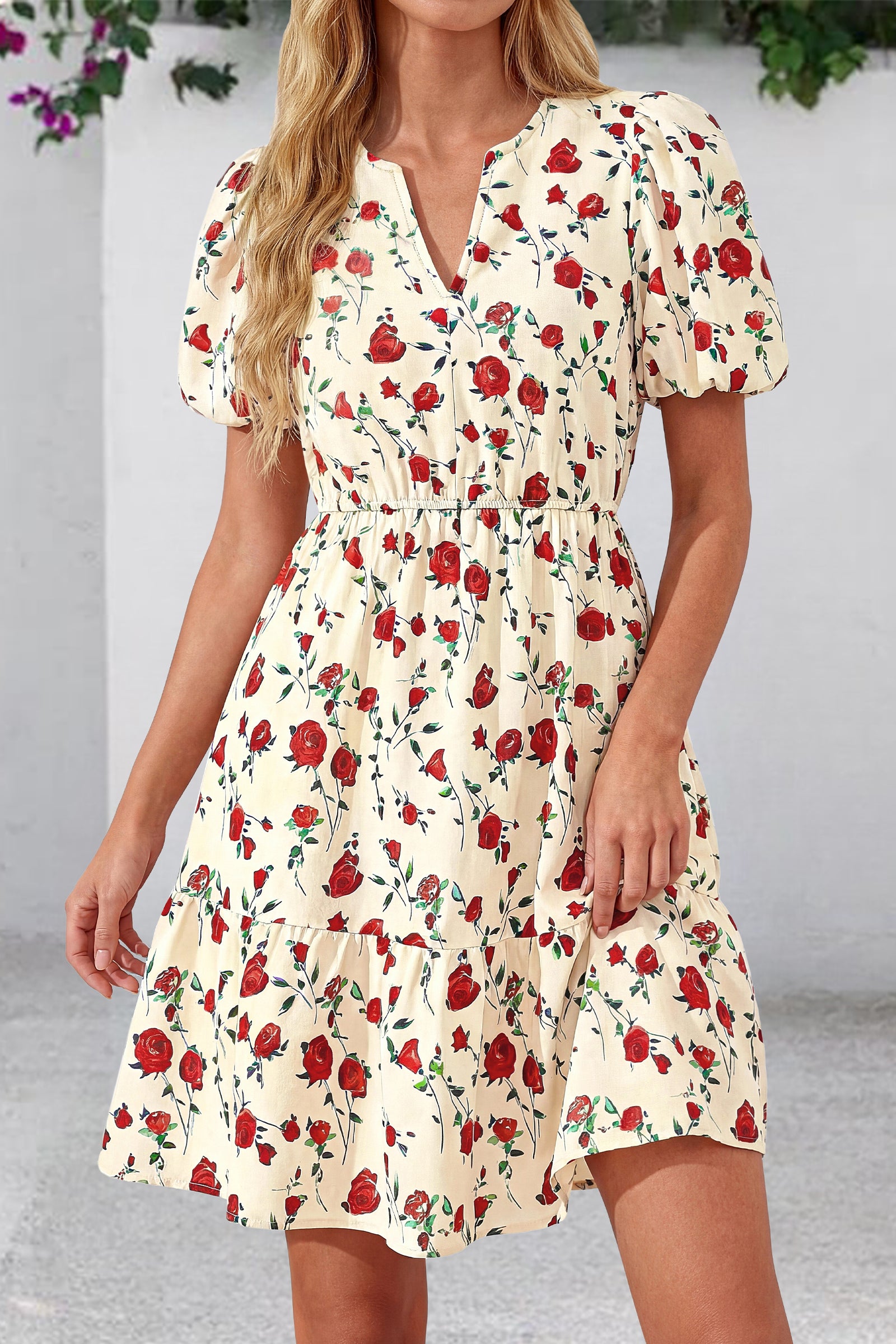 dowerme Women Summer Casual Dresses 2026 Puff Short Sleeve V Neck Floral Boho Midi Dress Flowy Ruffle Spring Sundress