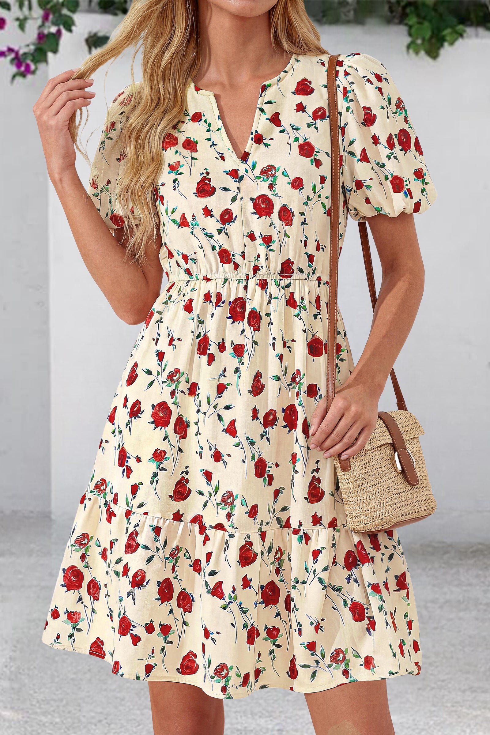 dowerme Women Summer Casual Dresses 2026 Puff Short Sleeve V Neck Floral Boho Midi Dress Flowy Ruffle Spring Sundress