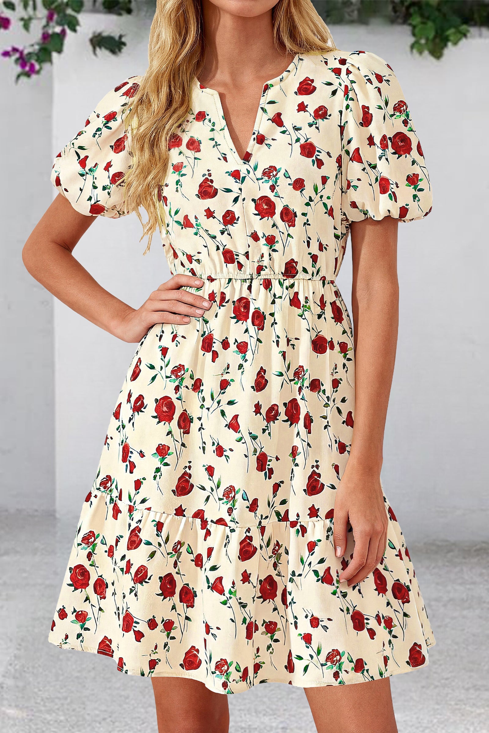 dowerme Women Summer Casual Dresses 2026 Puff Short Sleeve V Neck Floral Boho Midi Dress Flowy Ruffle Spring Sundress
