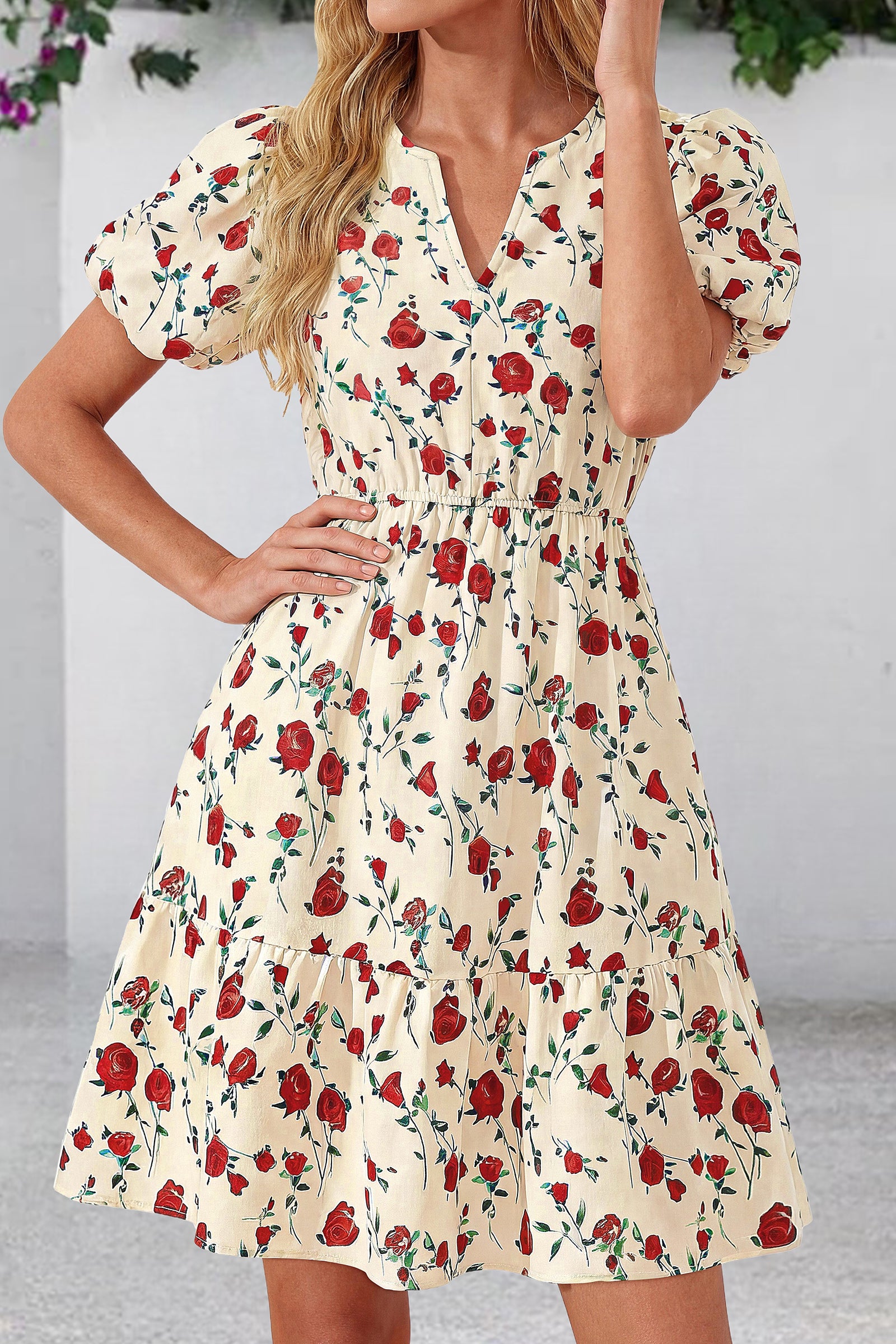 dowerme Women Summer Casual Dresses 2026 Puff Short Sleeve V Neck Floral Boho Midi Dress Flowy Ruffle Spring Sundress