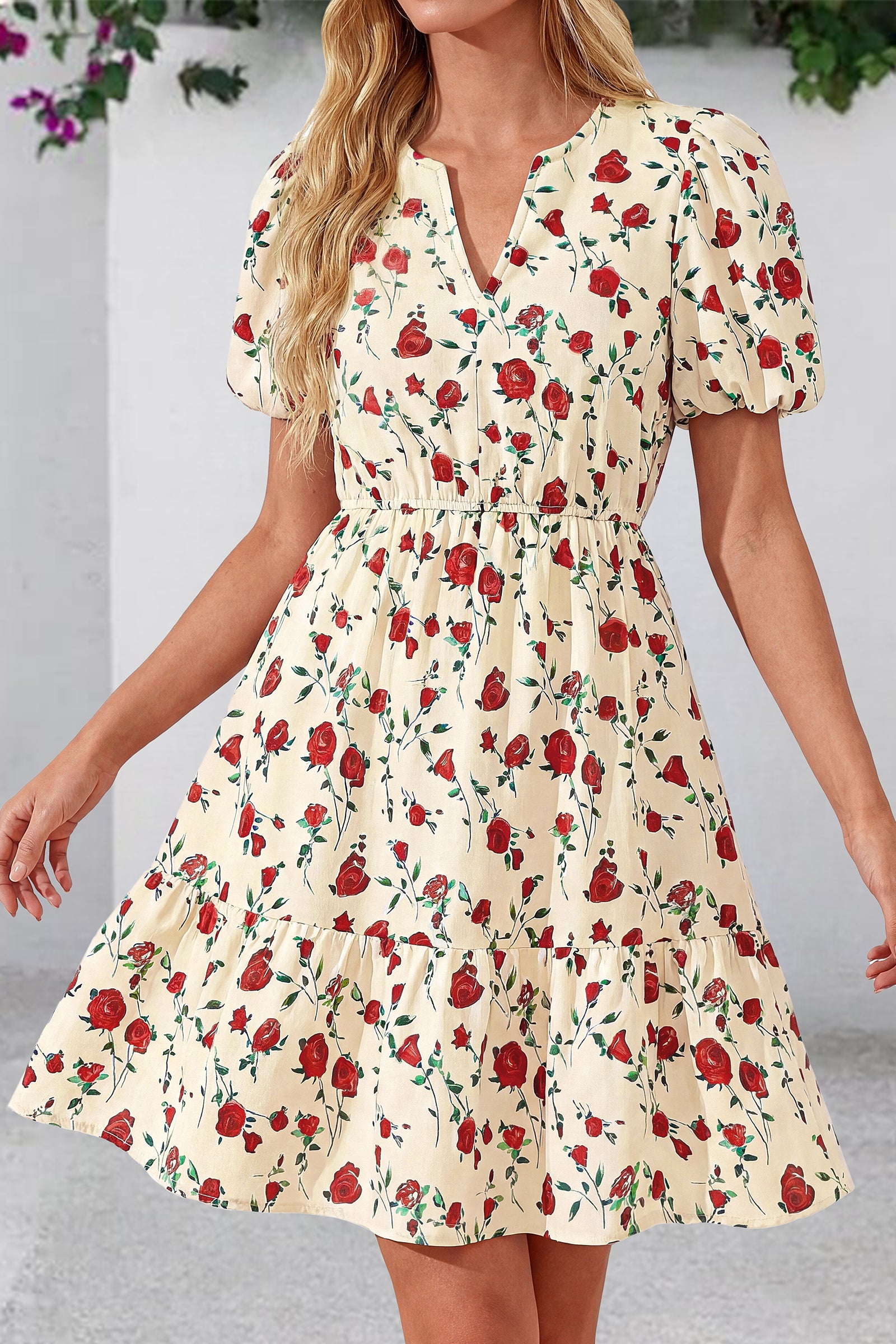 dowerme Women Summer Casual Dresses 2026 Puff Short Sleeve V Neck Floral Boho Midi Dress Flowy Ruffle Spring Sundress