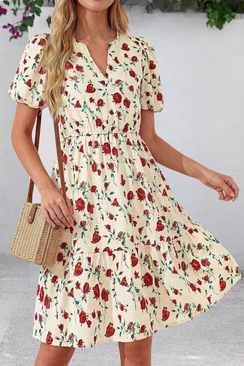 dowerme Women Summer Casual Dresses 2026 Puff Short Sleeve V Neck Floral Boho Midi Dress Flowy Ruffle Spring Sundress
