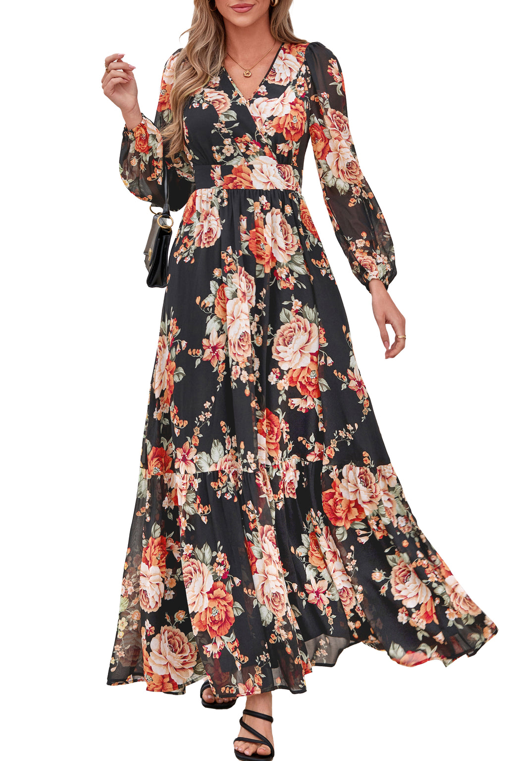 dowerme Women Fall Long Sleeve Wrap V Neck Floral Belted Boho Maxi Dress