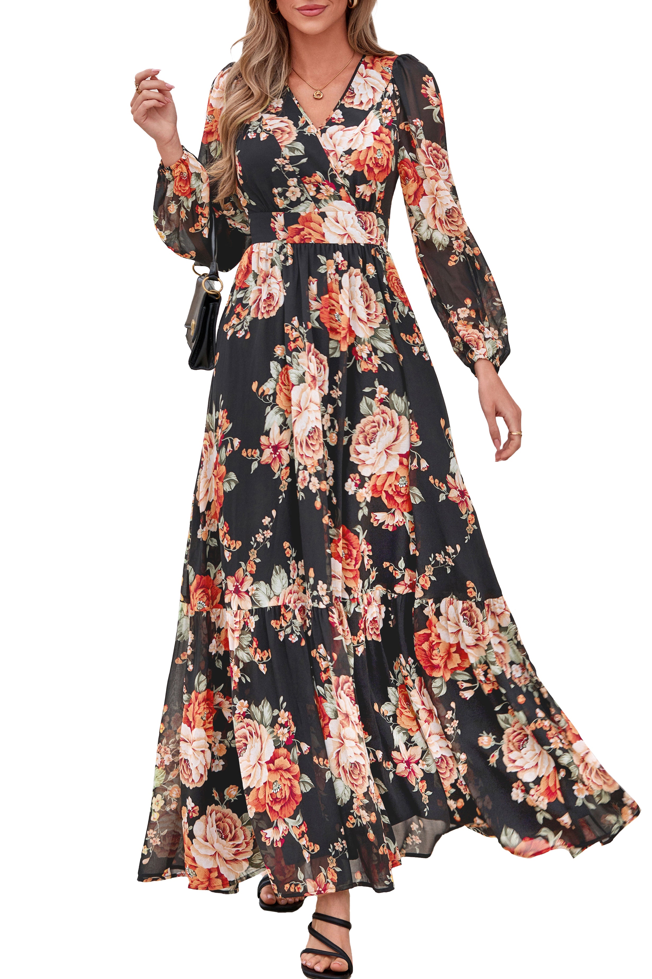 dowerme Women Fall Long Sleeve Wrap V Neck Floral Belted Boho Maxi Dress