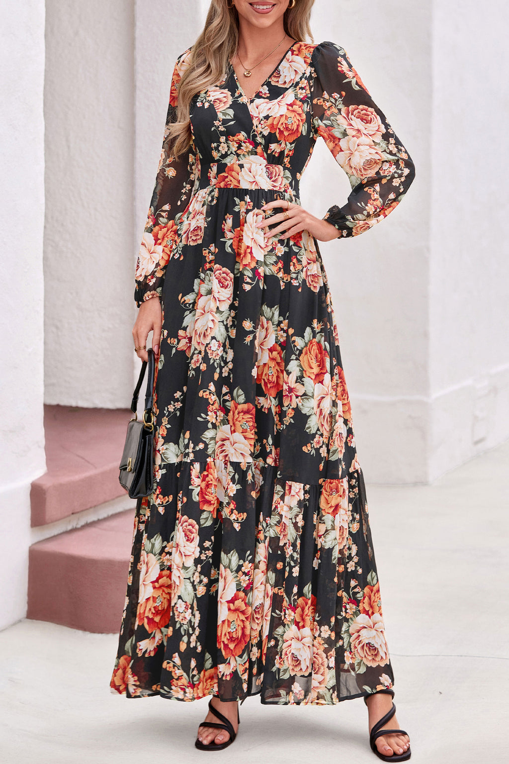 dowerme Women Fall Long Sleeve Wrap V Neck Floral Belted Boho Maxi Dress