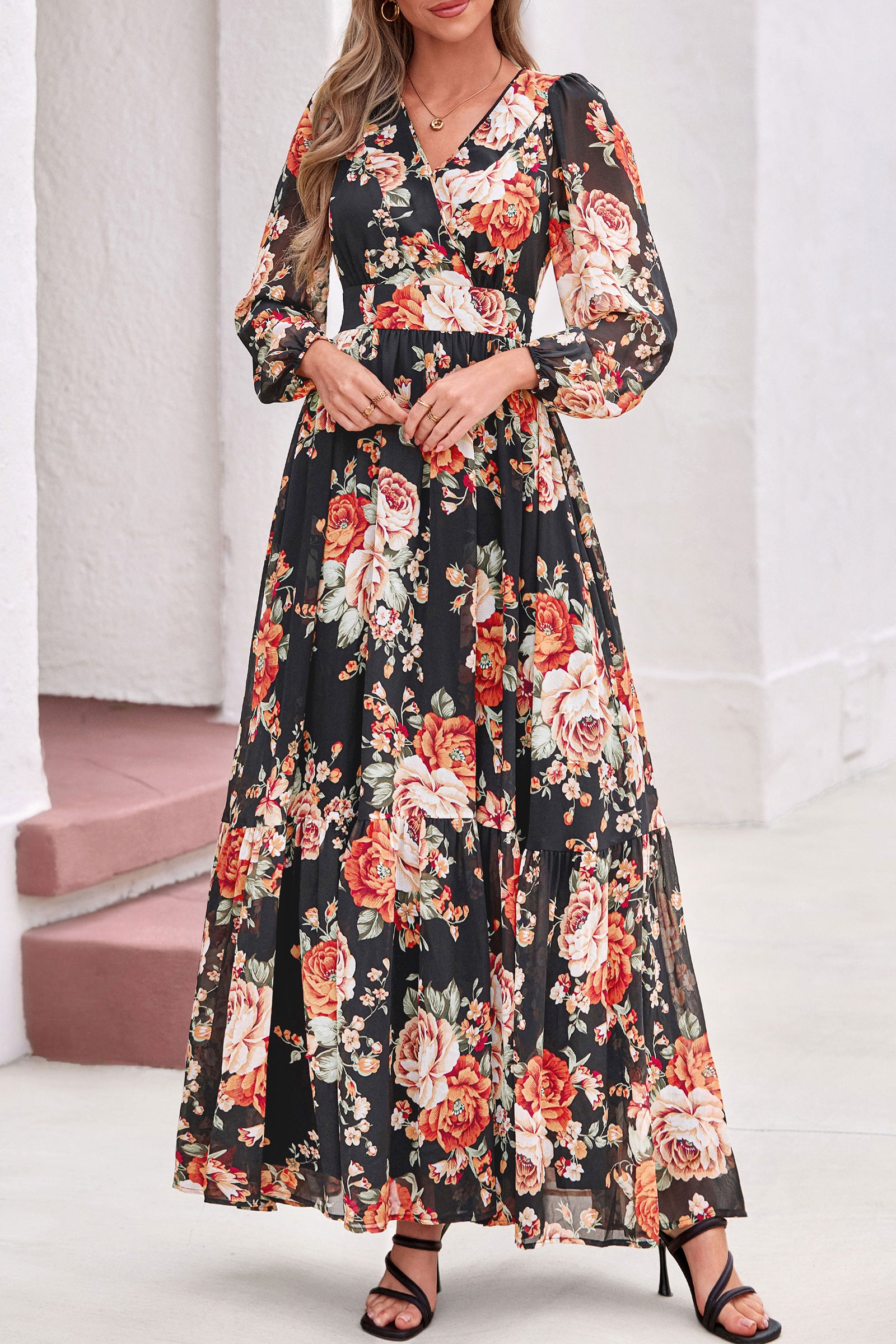 dowerme Women Fall Long Sleeve Wrap V Neck Floral Belted Boho Maxi Dress