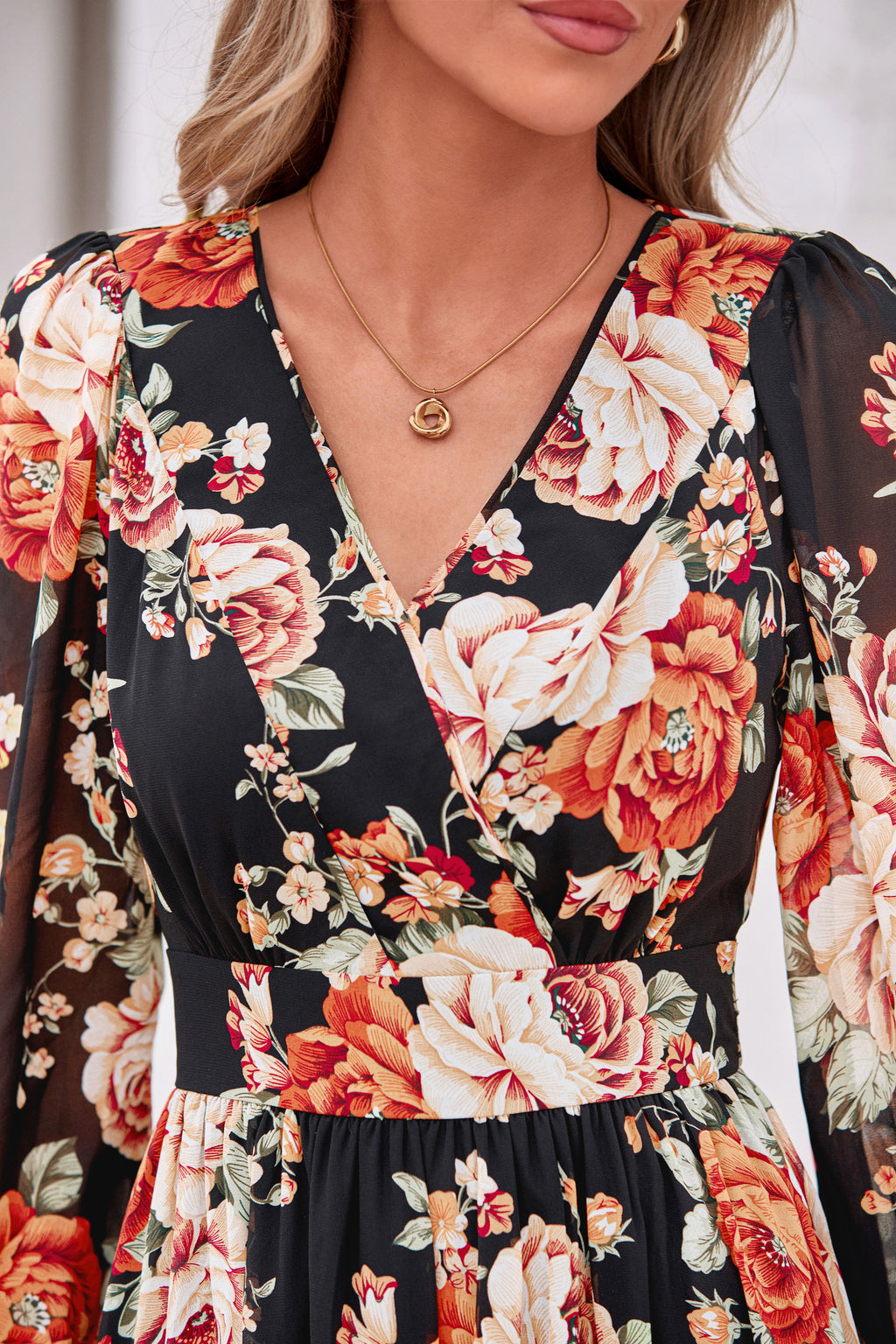 dowerme Women Fall Long Sleeve Wrap V Neck Floral Belted Boho Maxi Dress