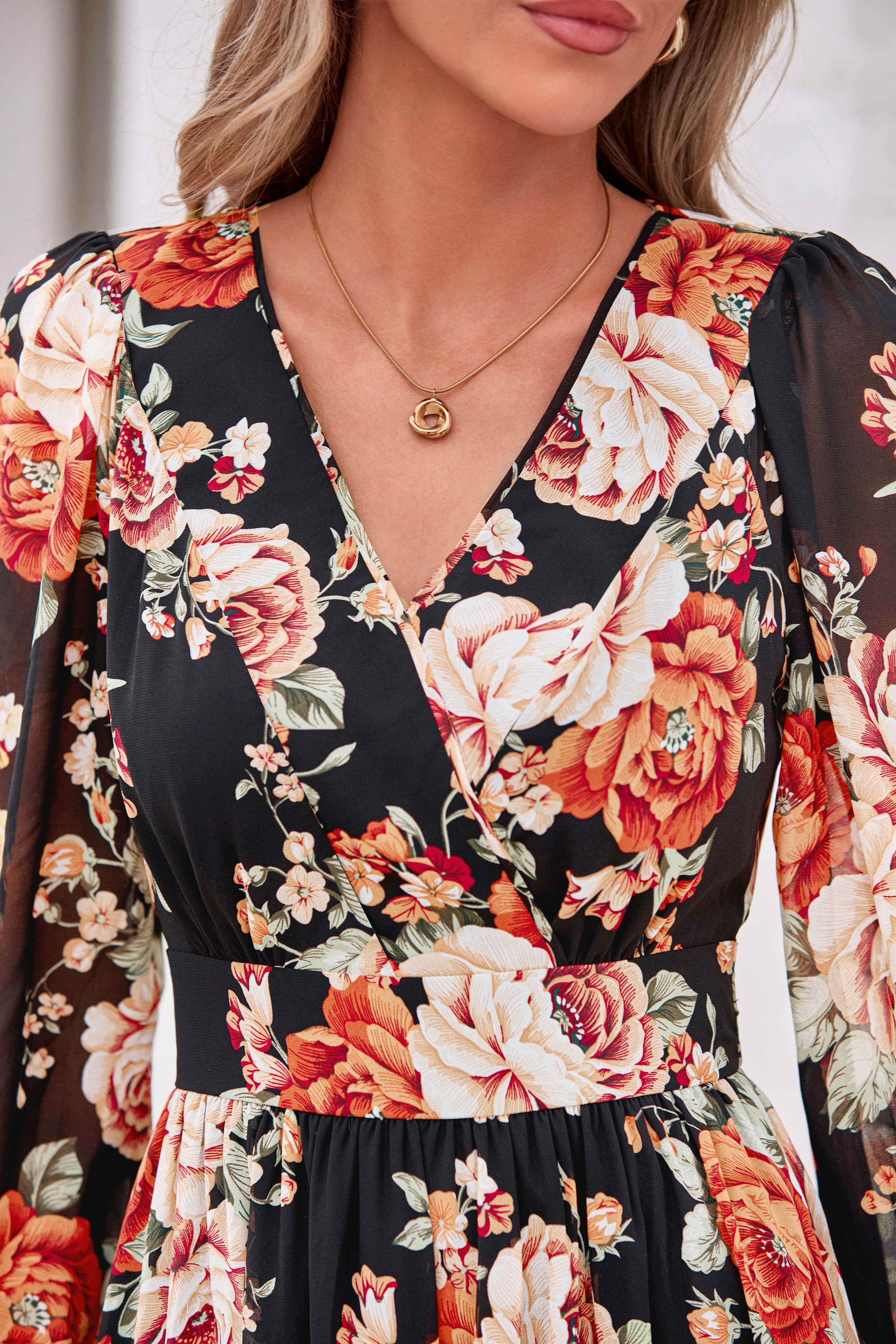 dowerme Women Fall Long Sleeve Wrap V Neck Floral Belted Boho Maxi Dress