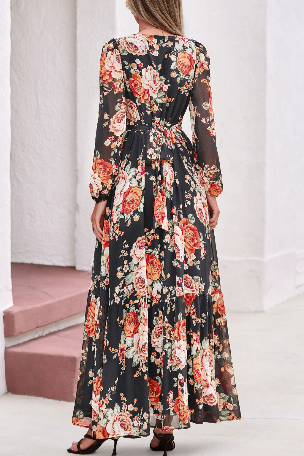 dowerme Women Fall Long Sleeve Wrap V Neck Floral Belted Boho Maxi Dress