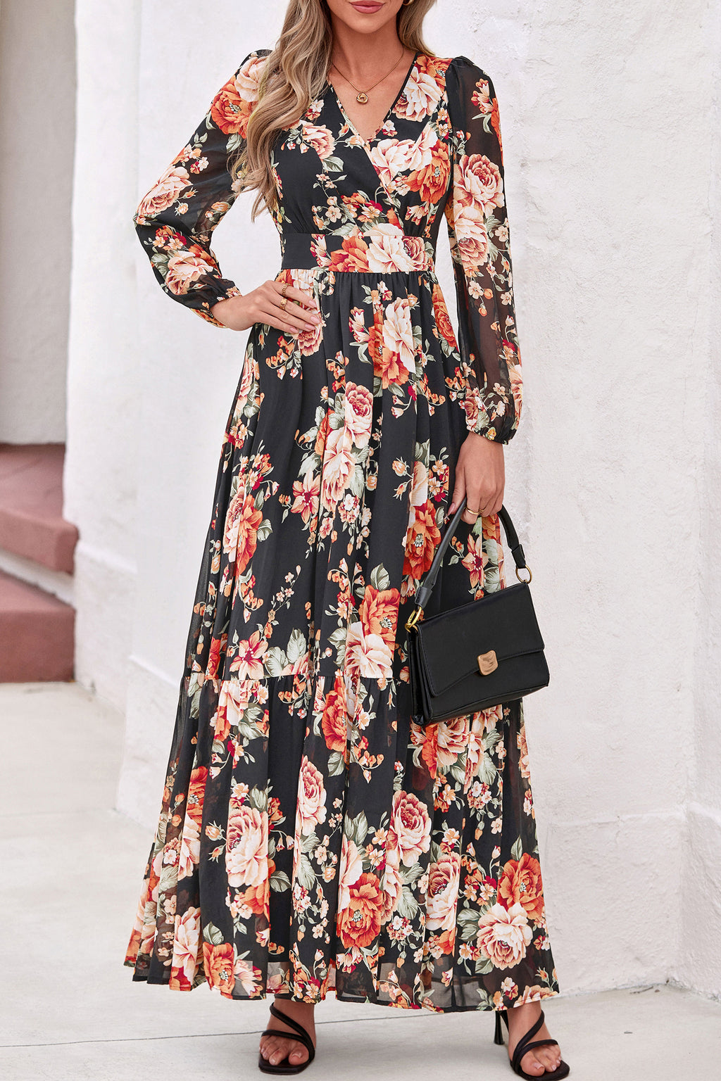 dowerme Women Fall Long Sleeve Wrap V Neck Floral Belted Boho Maxi Dress