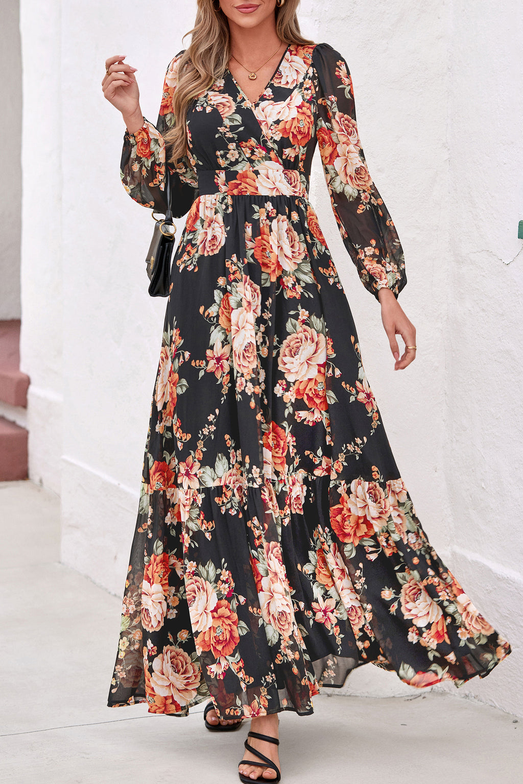 dowerme Women Fall Long Sleeve Wrap V Neck Floral Belted Boho Maxi Dress