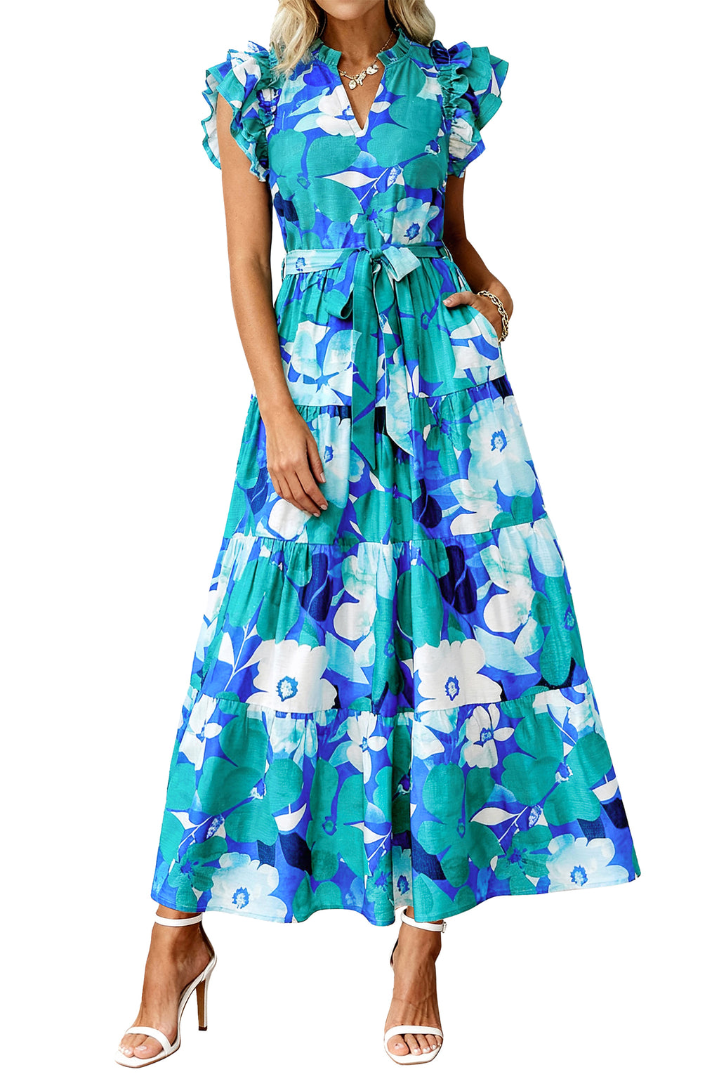 dowerme Women Summer Maxi Dresses 2026 Ruffle Sleeve V Neck Floral Boho Long Dress Belted Tiered Sundress With Pockets