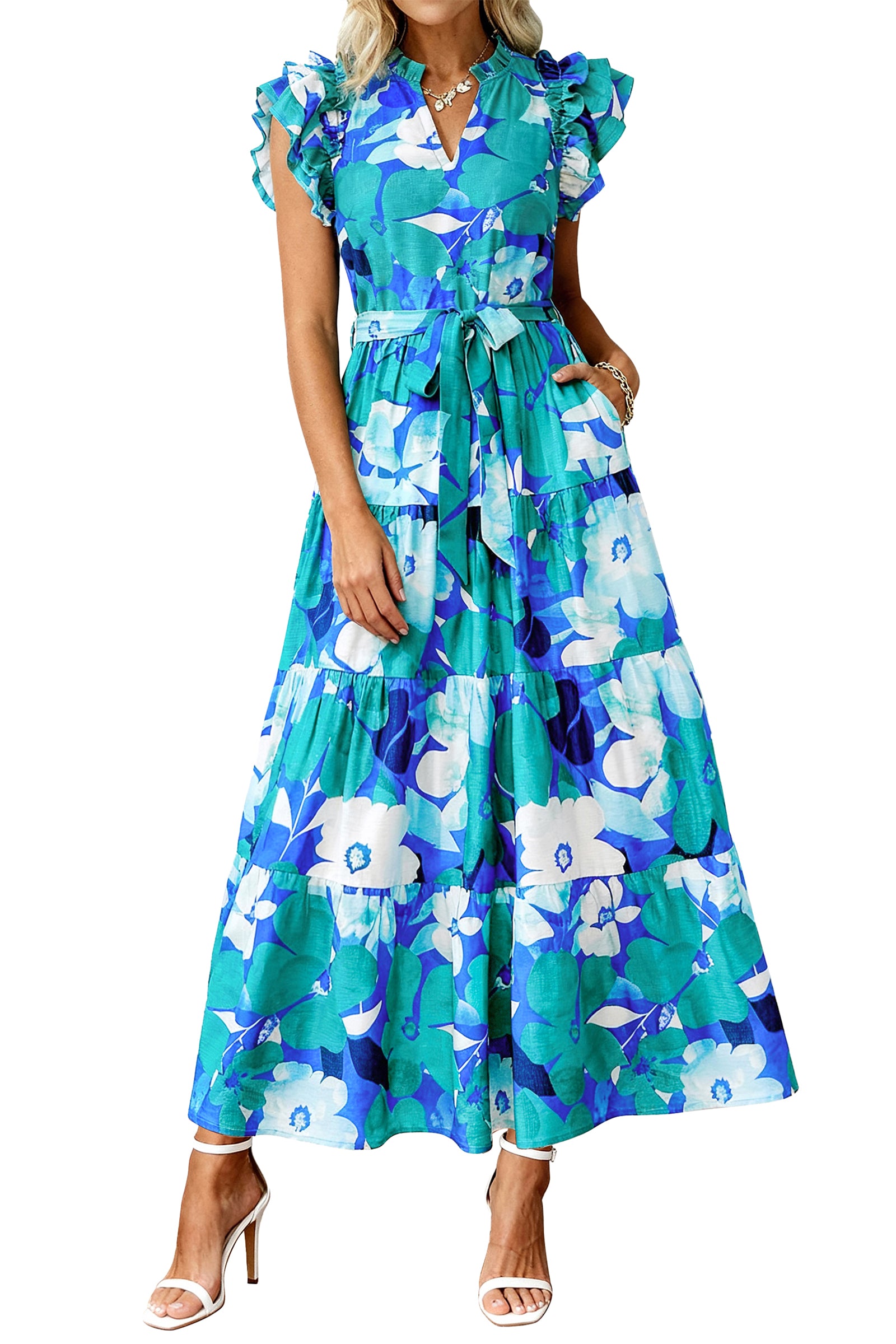 dowerme Women Summer Maxi Dresses 2026 Ruffle Sleeve V Neck Floral Boho Long Dress Belted Tiered Sundress With Pockets
