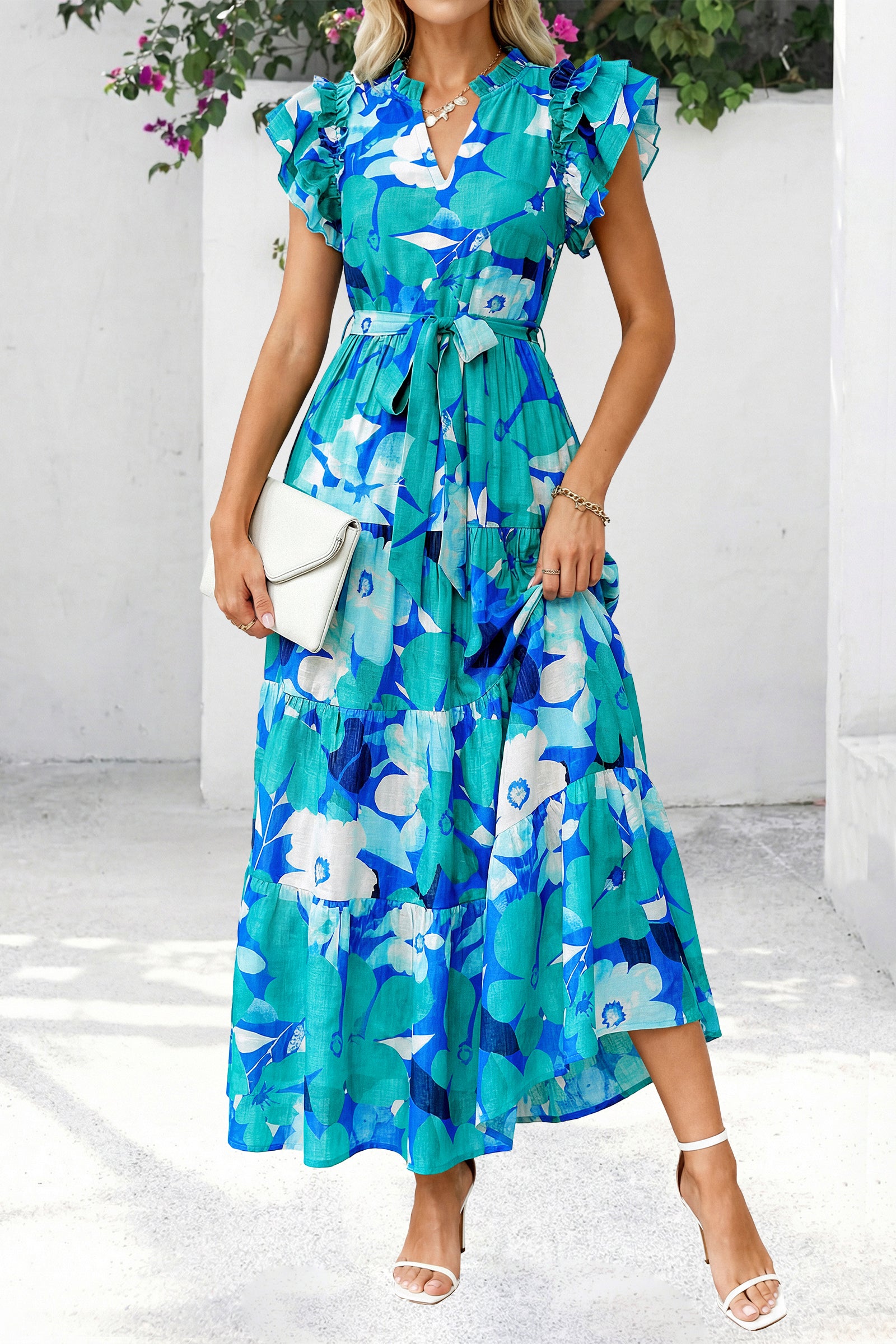 dowerme Women Summer Maxi Dresses 2026 Ruffle Sleeve V Neck Floral Boho Long Dress Belted Tiered Sundress With Pockets