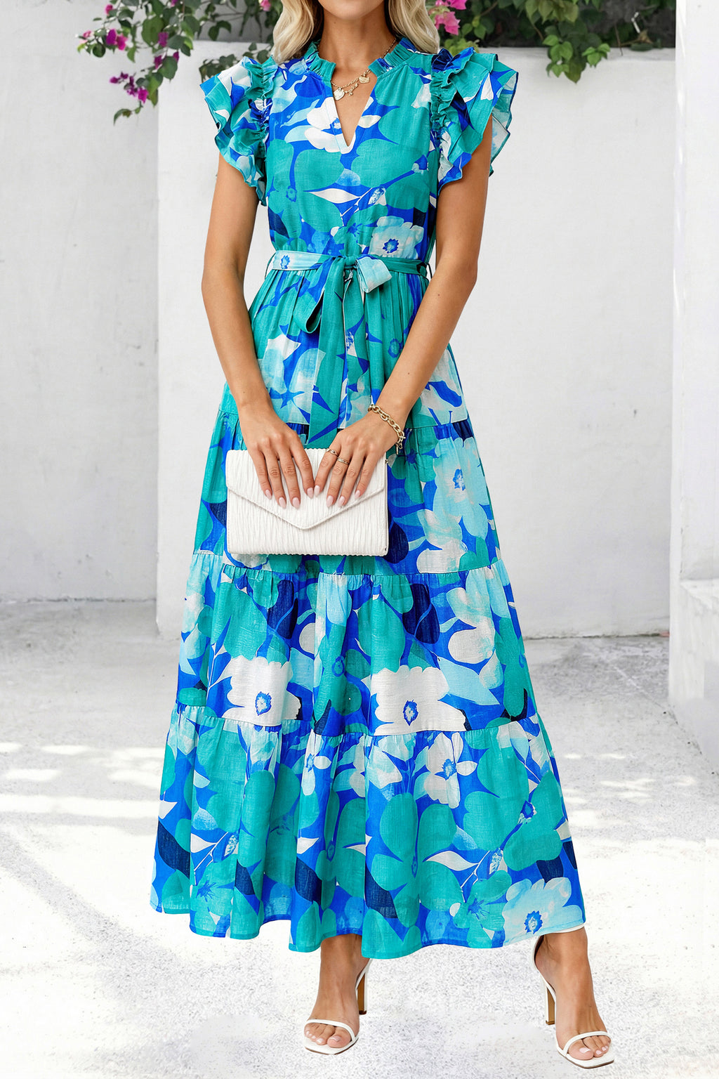 dowerme Women Summer Maxi Dresses 2026 Ruffle Sleeve V Neck Floral Boho Long Dress Belted Tiered Sundress With Pockets