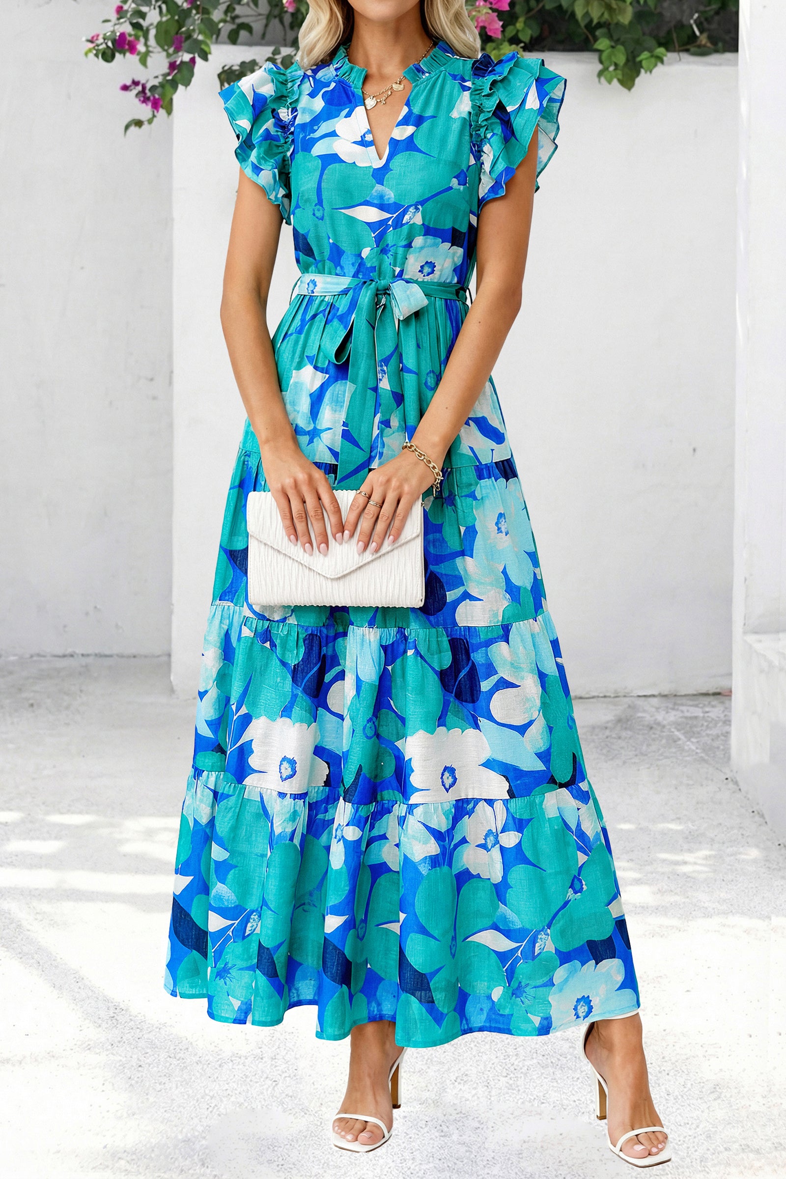 dowerme Women Summer Maxi Dresses 2026 Ruffle Sleeve V Neck Floral Boho Long Dress Belted Tiered Sundress With Pockets
