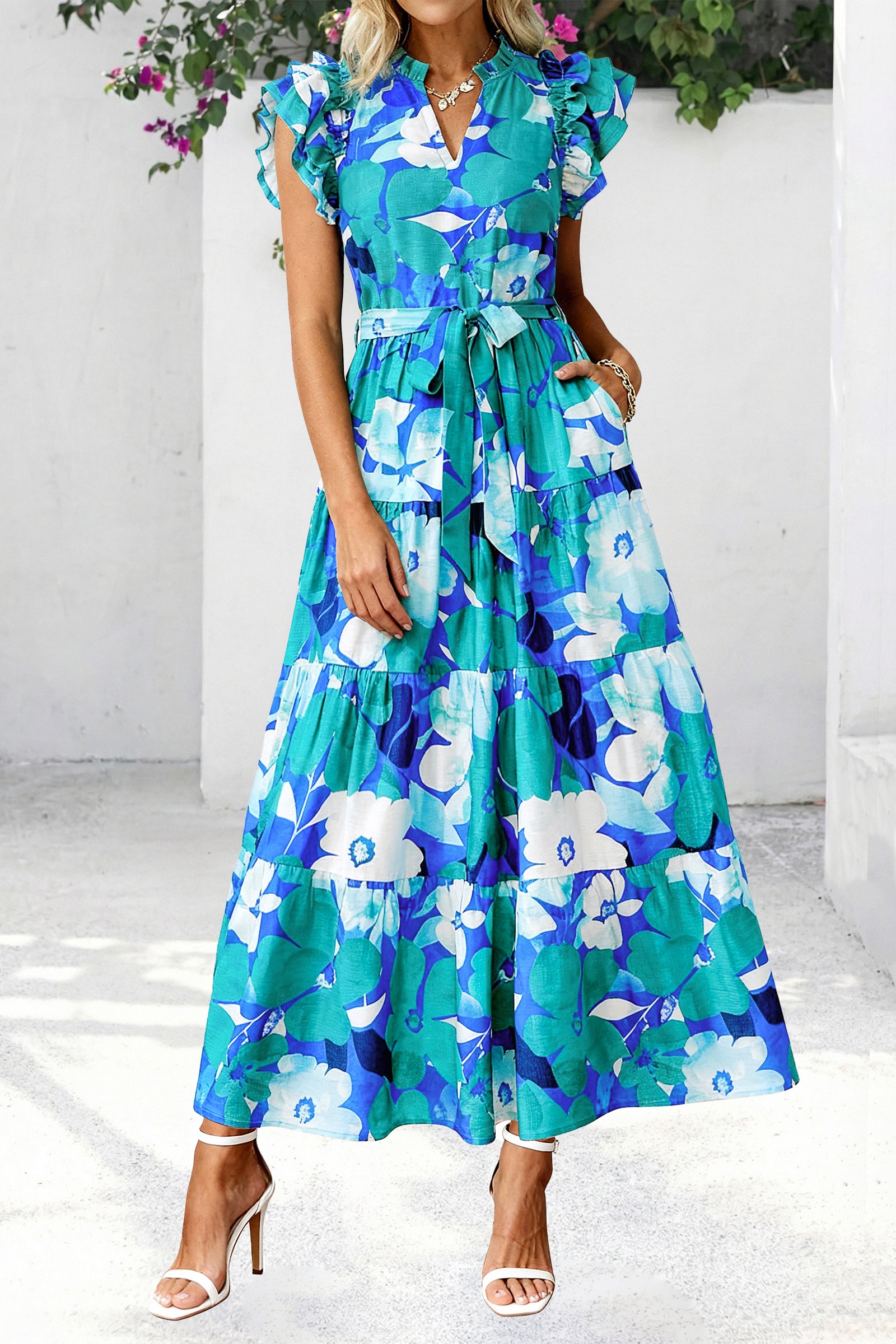 dowerme Women Summer Maxi Dresses 2026 Ruffle Sleeve V Neck Floral Boho Long Dress Belted Tiered Sundress With Pockets