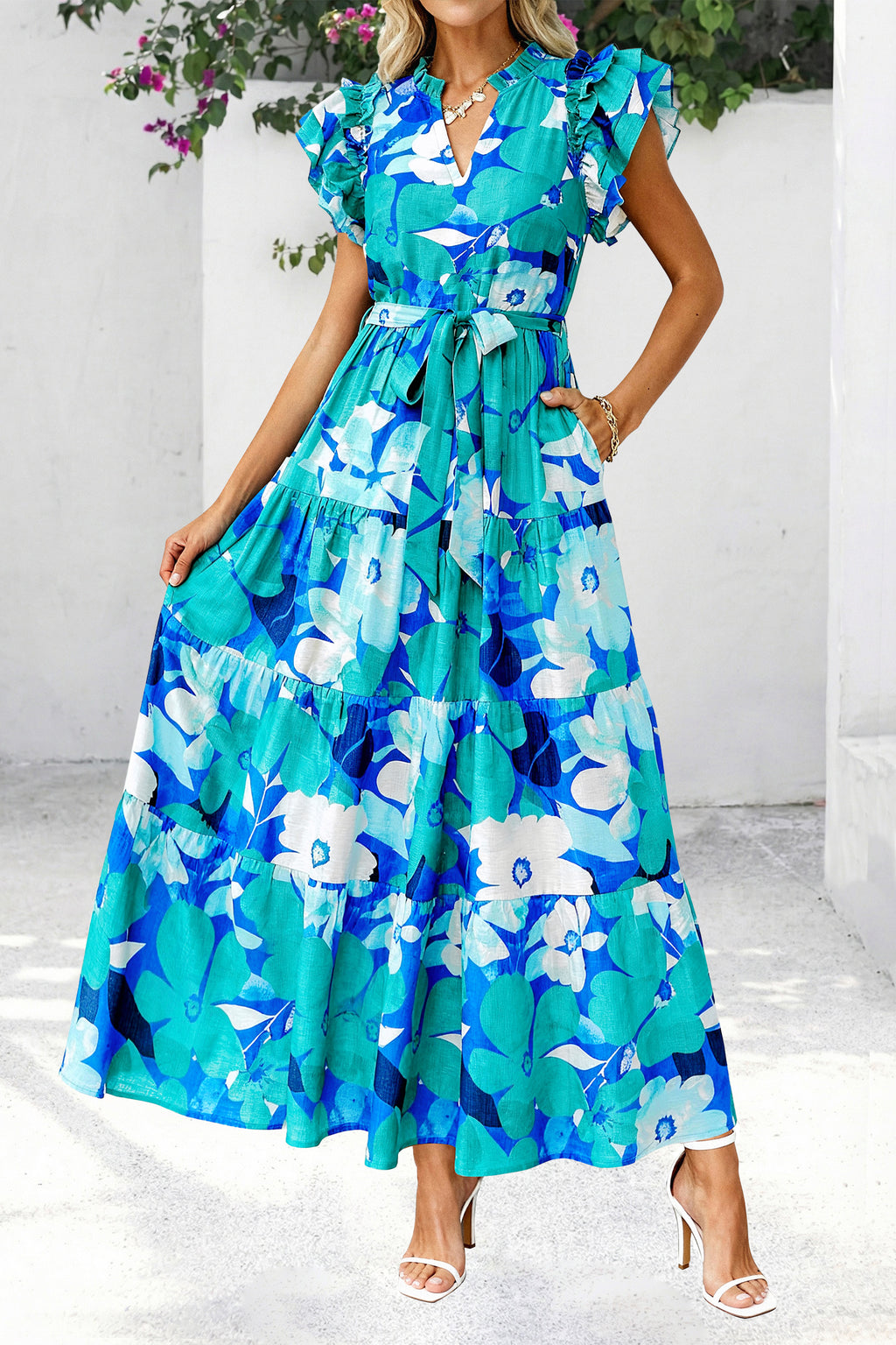 dowerme Women Summer Maxi Dresses 2026 Ruffle Sleeve V Neck Floral Boho Long Dress Belted Tiered Sundress With Pockets